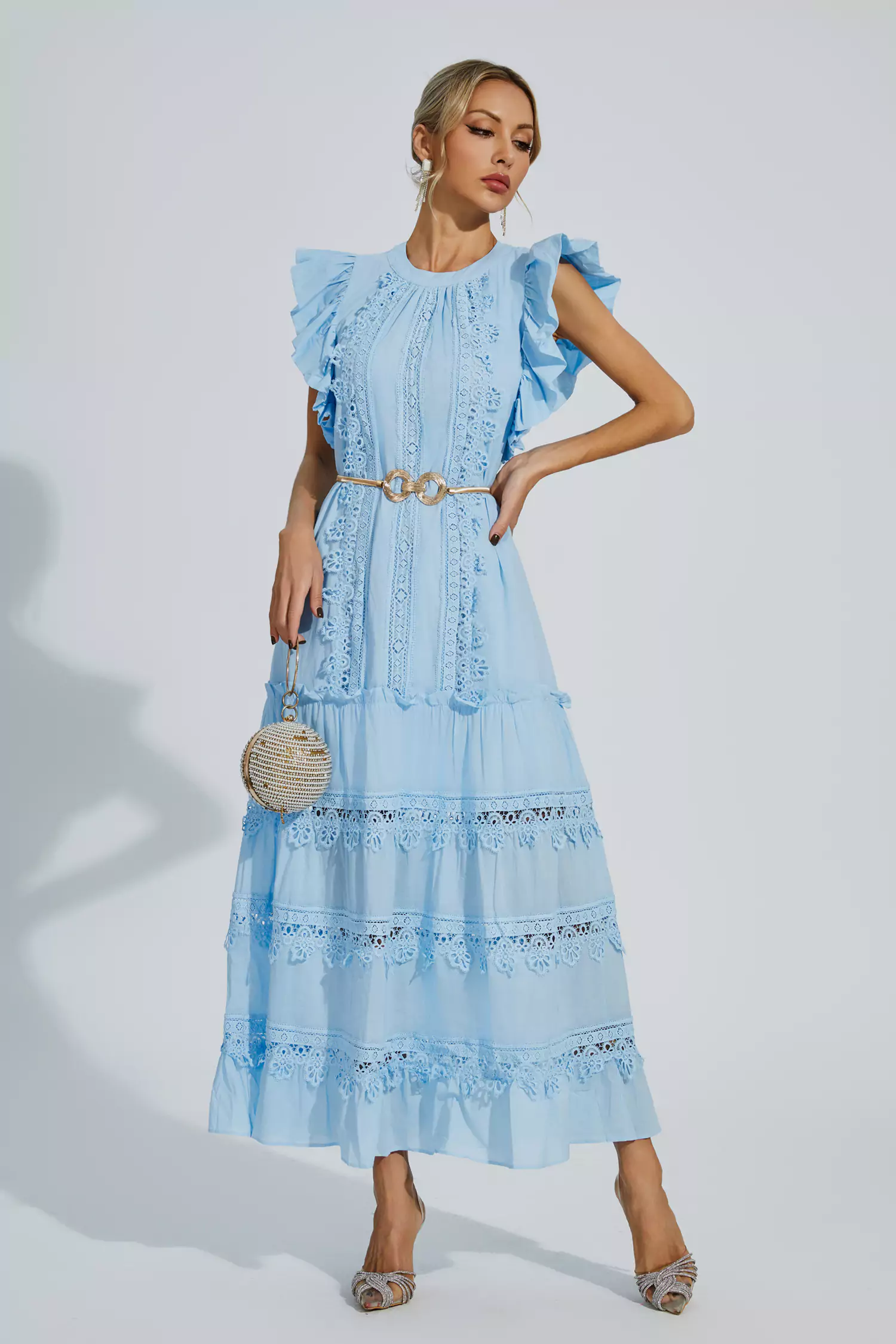 Pulitzer Blue Embroidered Belted Maxi Dress