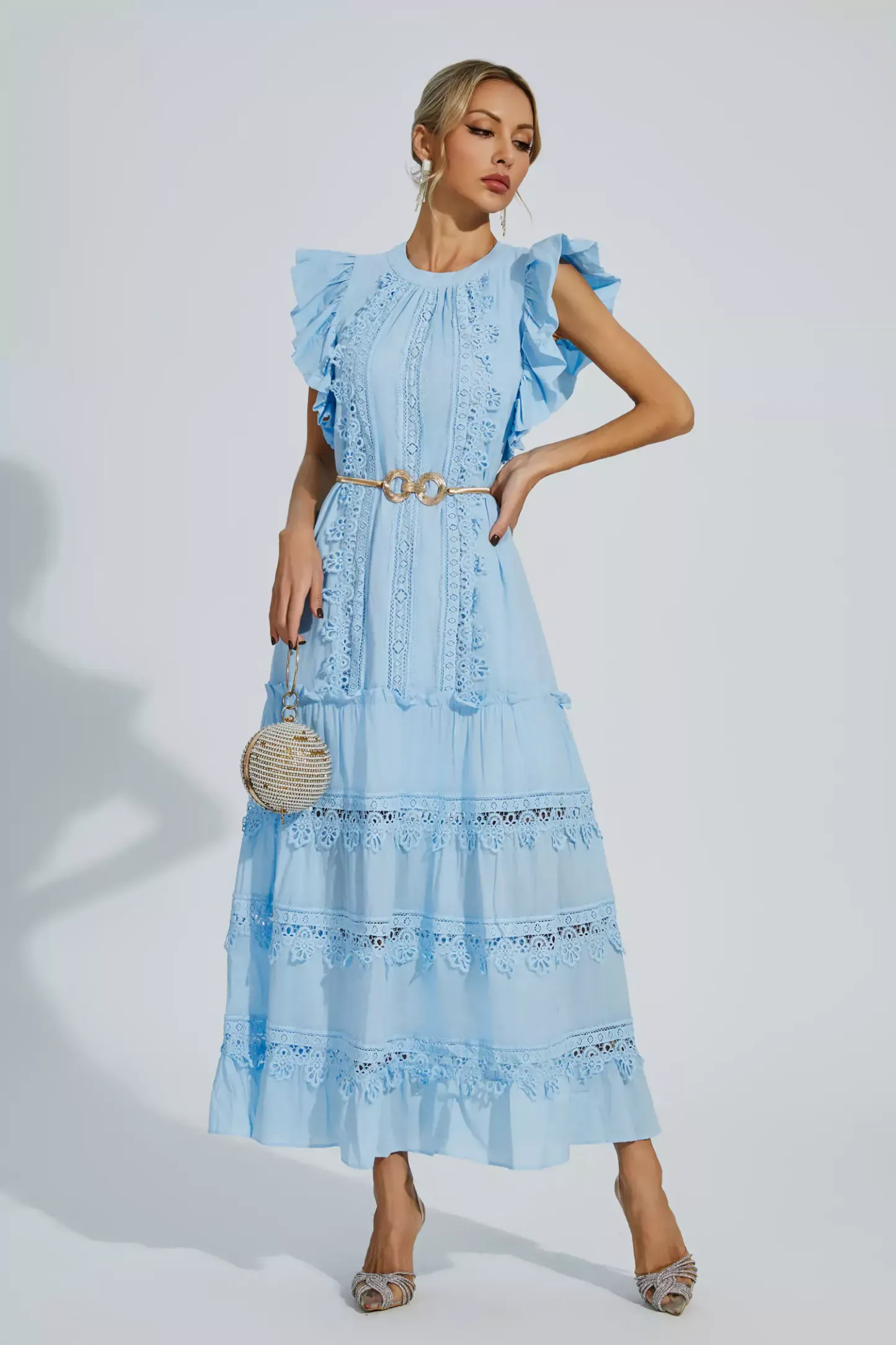 Pulitzer Blue Embroidered Belted Maxi Dress