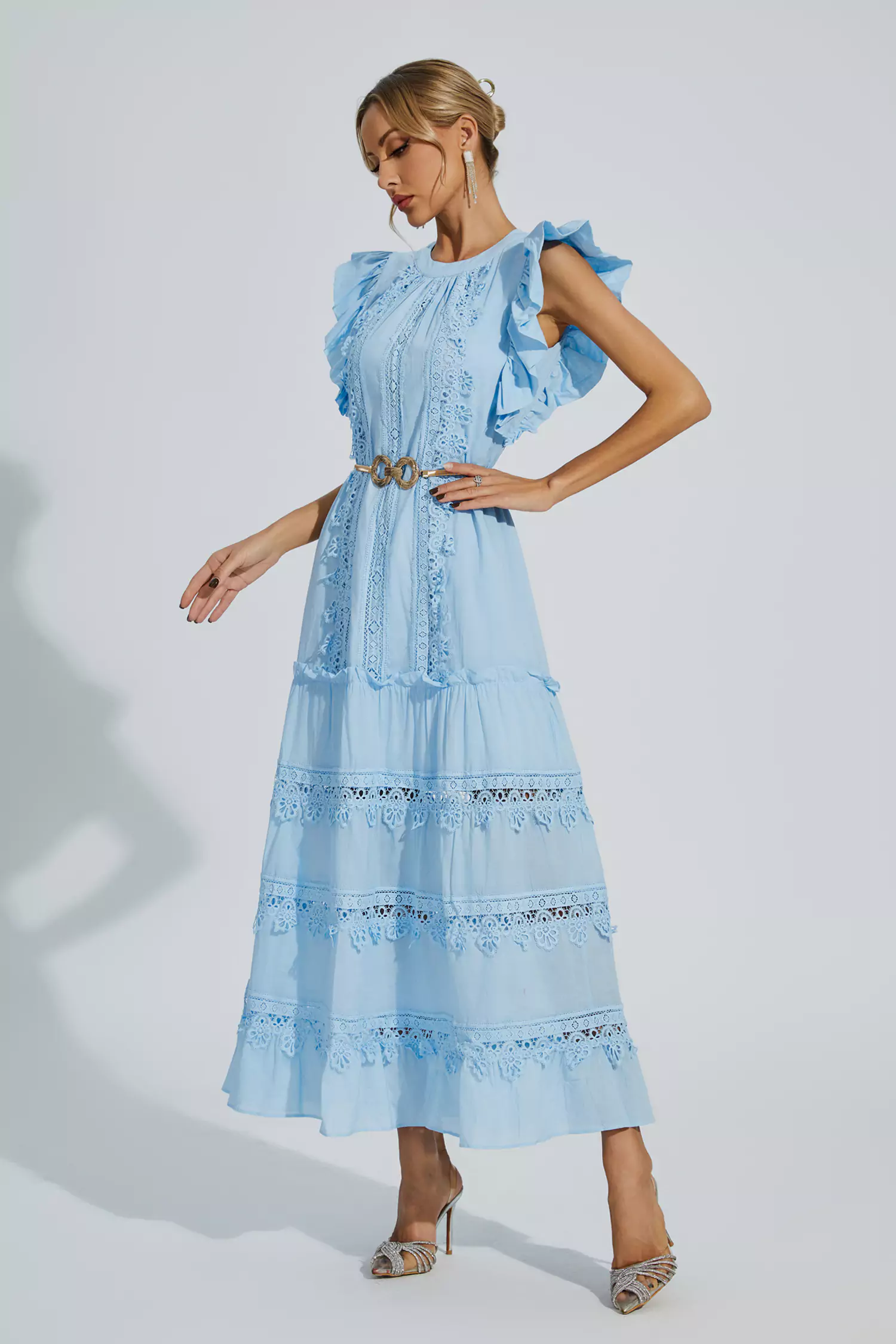 Pulitzer Blue Embroidered Belted Maxi Dress