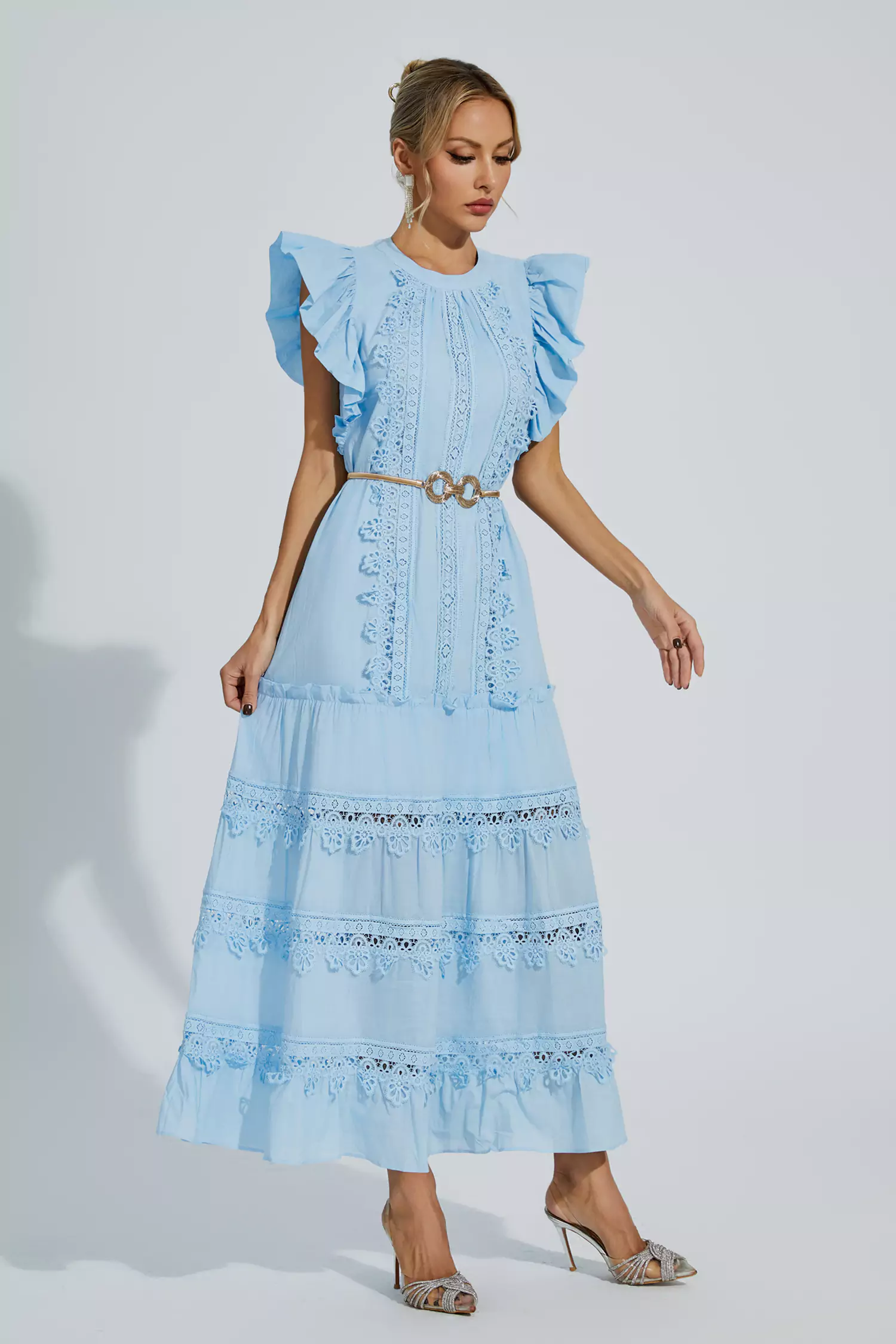 Pulitzer Blue Embroidered Belted Maxi Dress