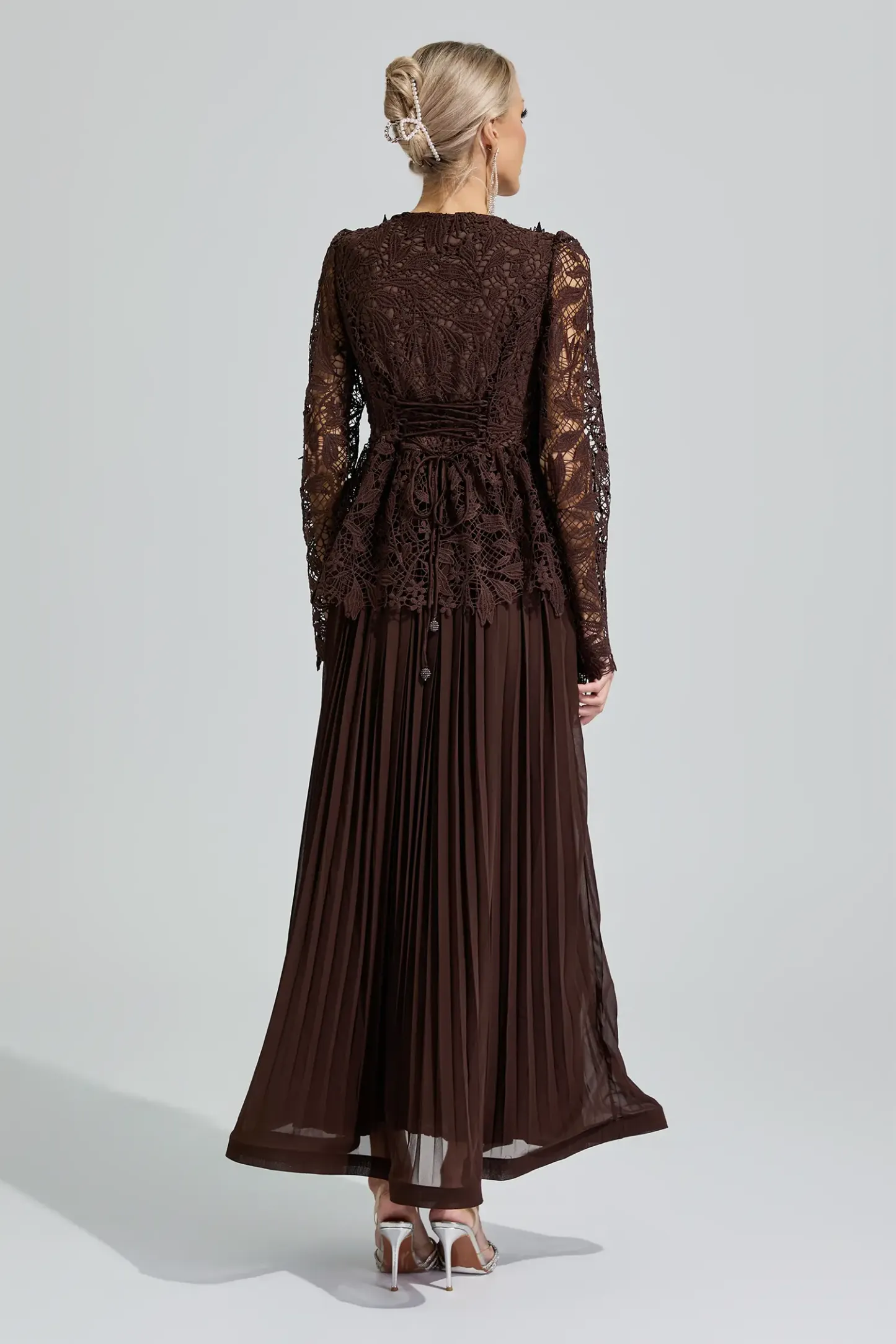Diana Brown Lace Pleated Set