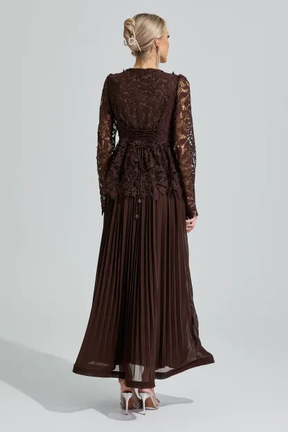 Diana Brown Lace Pleated Set