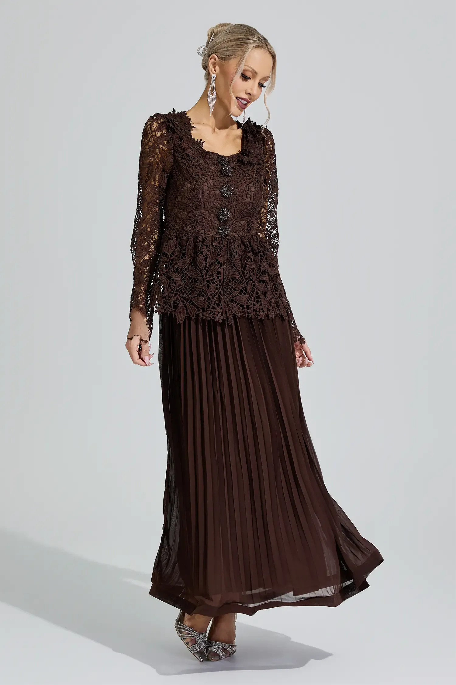 Diana Brown Lace Pleated Set