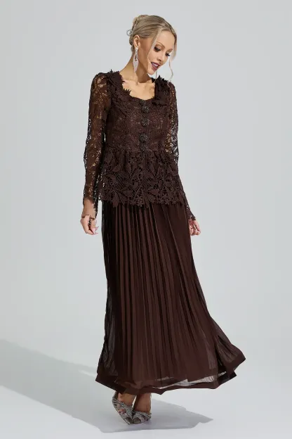 Diana Brown Lace Pleated Set