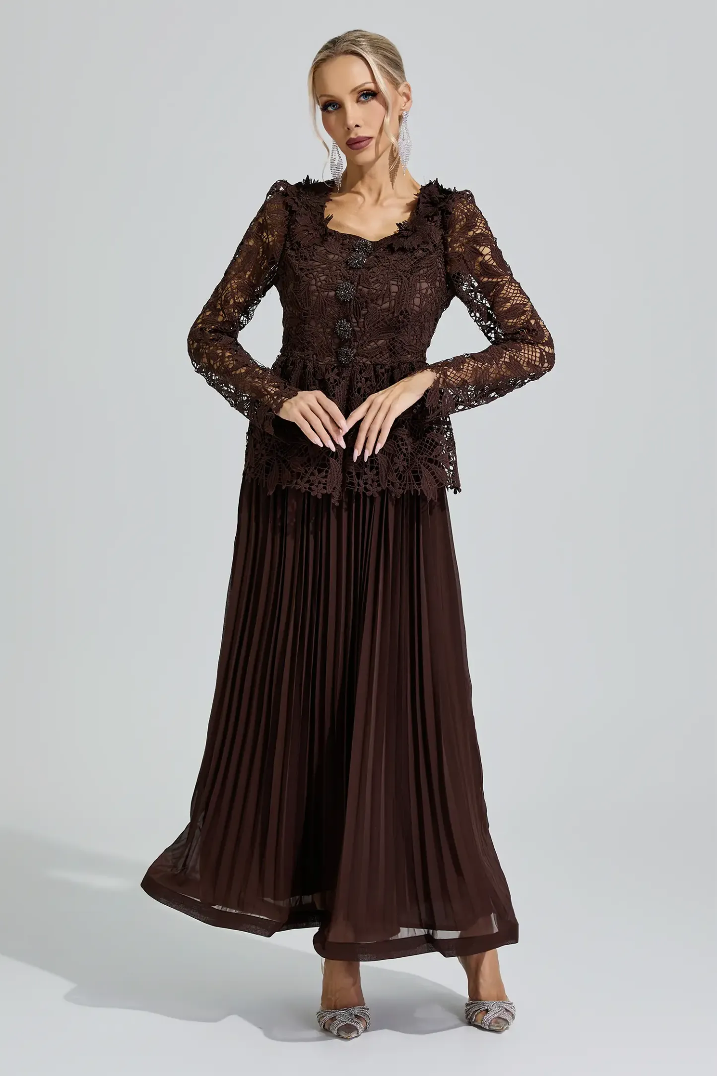 Diana Brown Lace Pleated Set