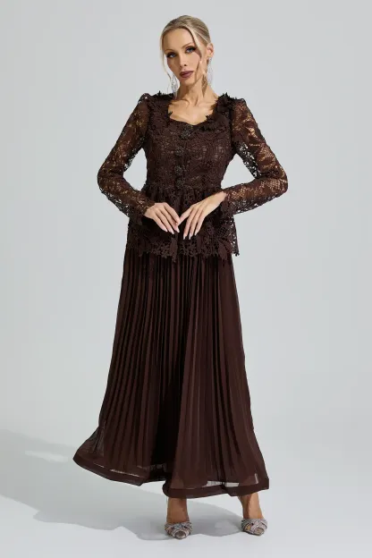 Diana Brown Lace Pleated Set