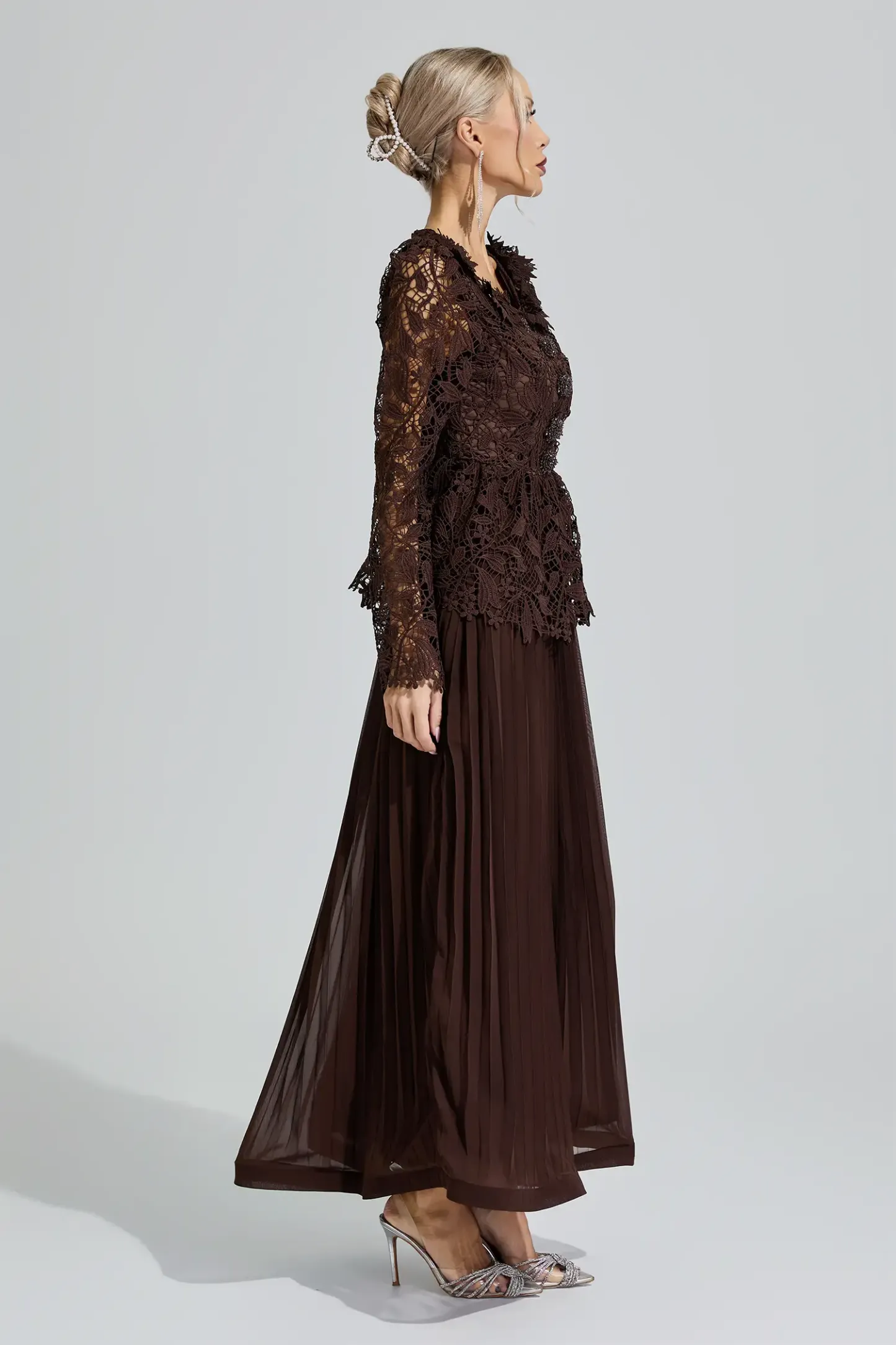 Diana Brown Lace Pleated Set