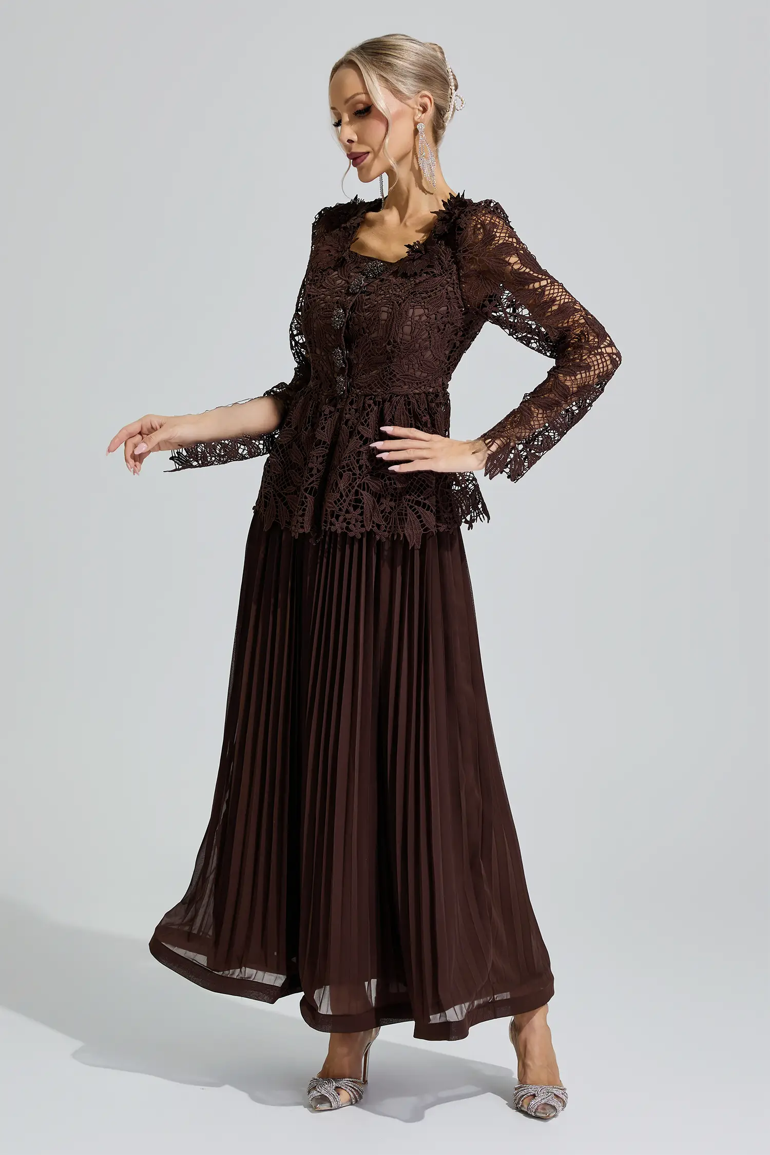 Diana Brown Lace Pleated Set