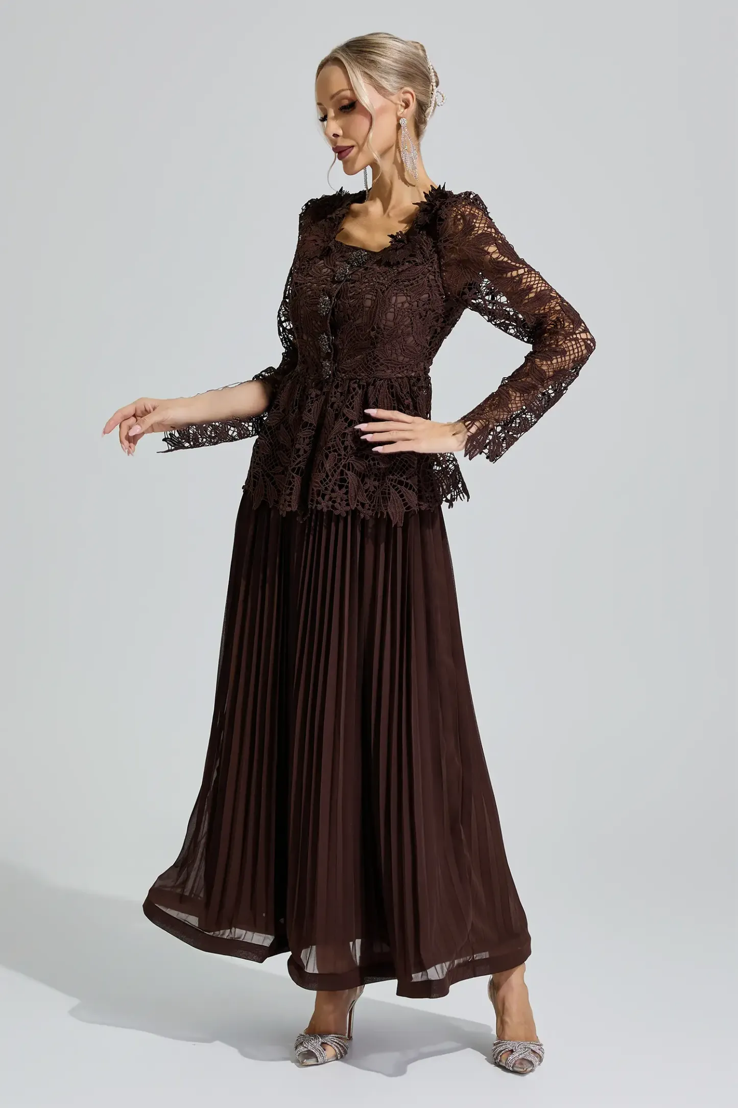 Diana Brown Lace Pleated Set