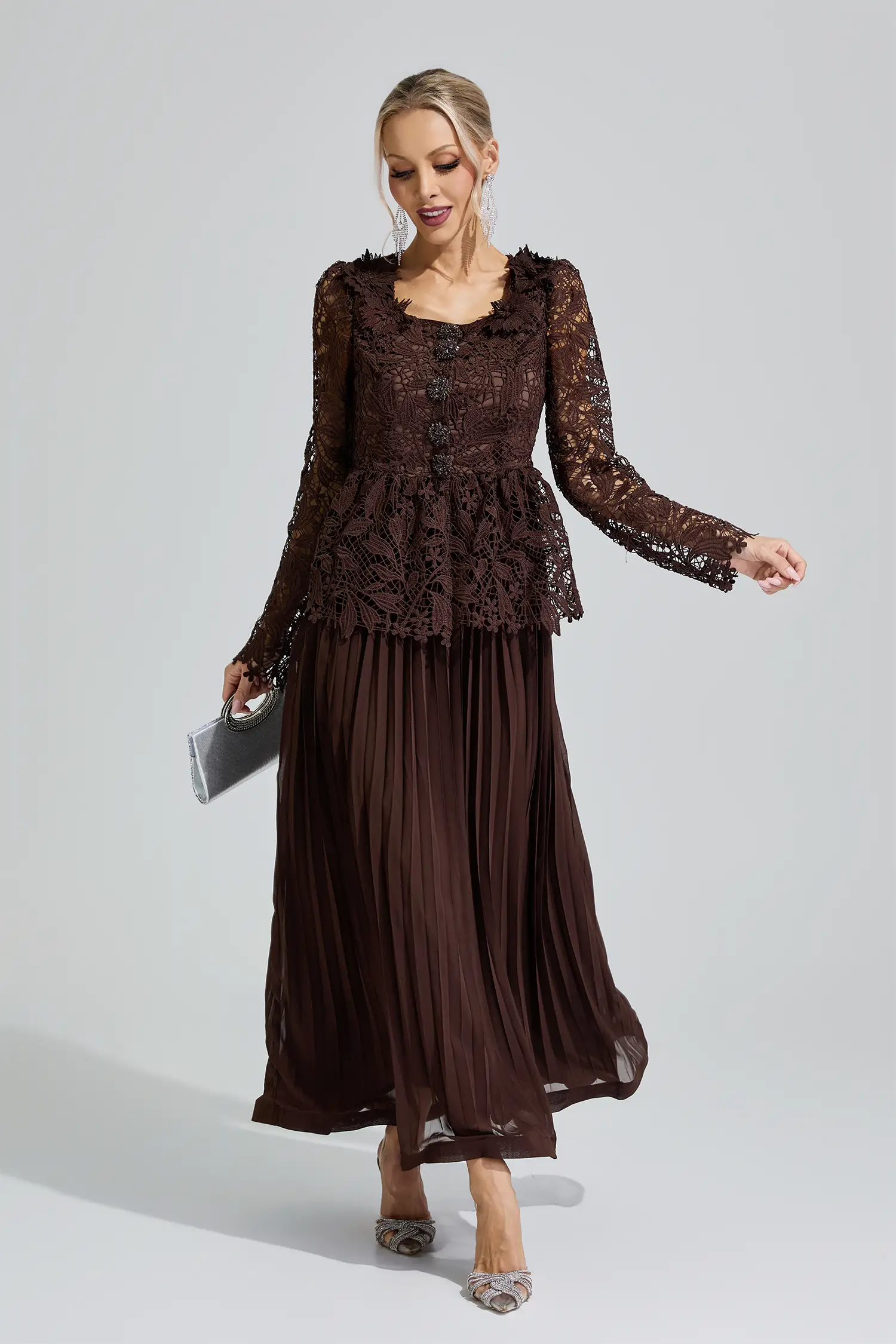 Diana Brown Lace Pleated Set