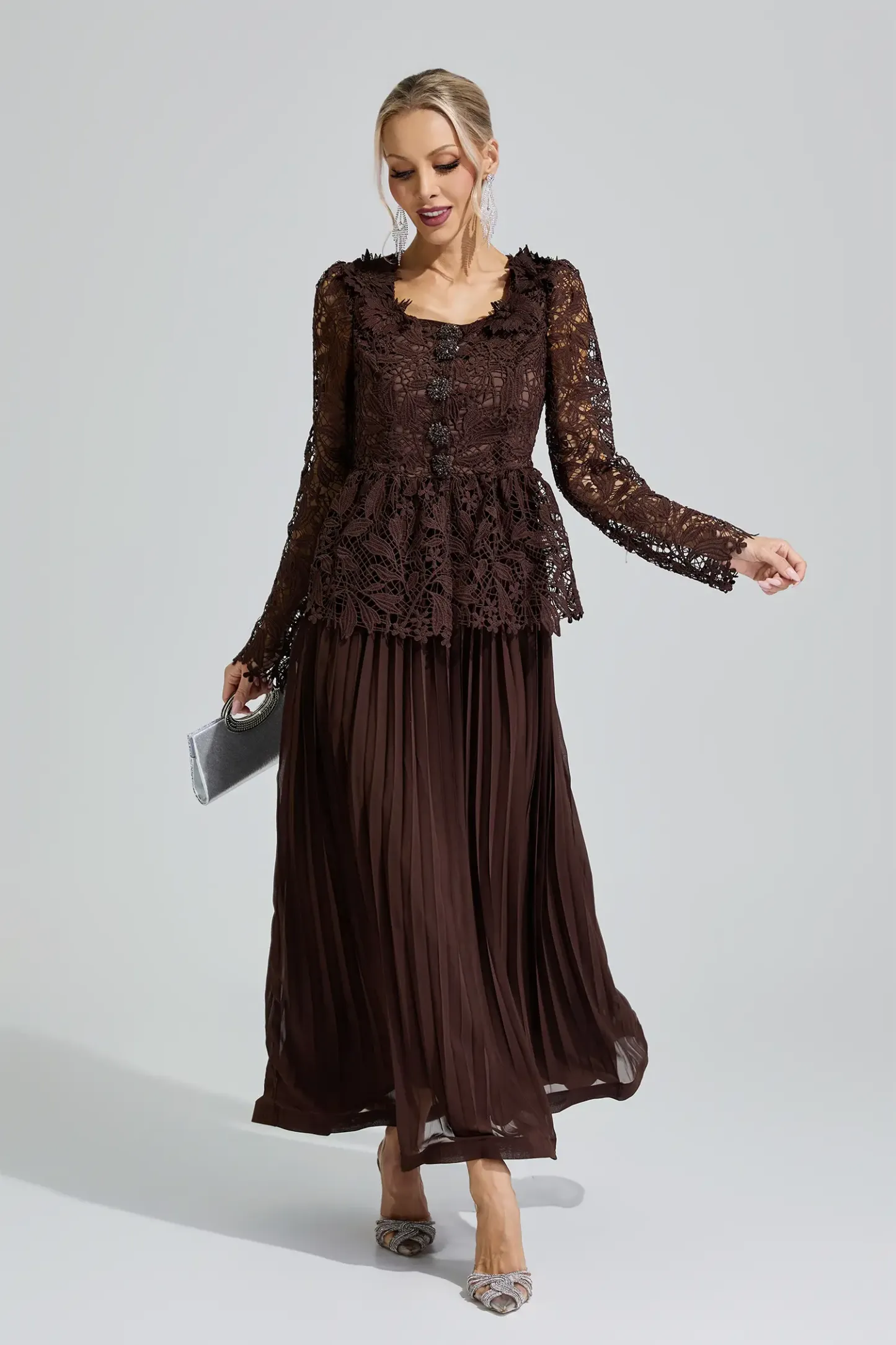 Diana Brown Lace Pleated Set