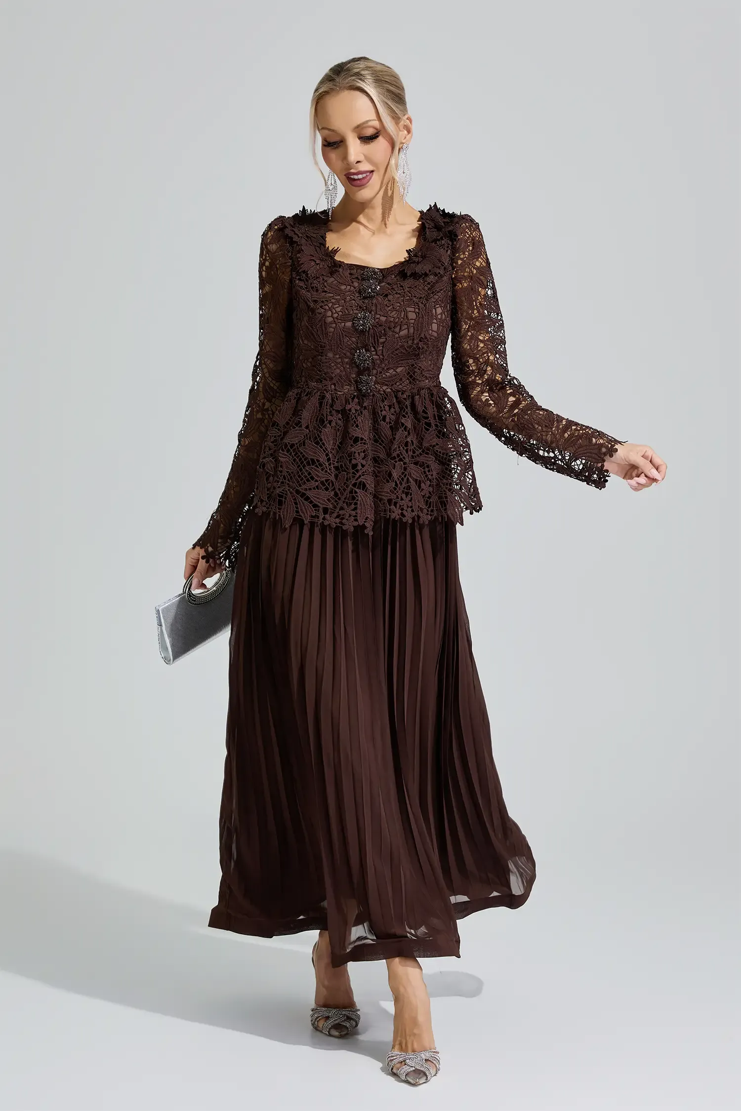 Diana Brown Lace Pleated Set