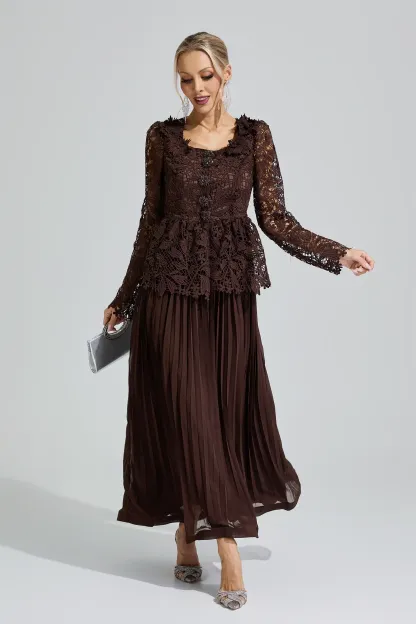 Diana Brown Lace Pleated Set