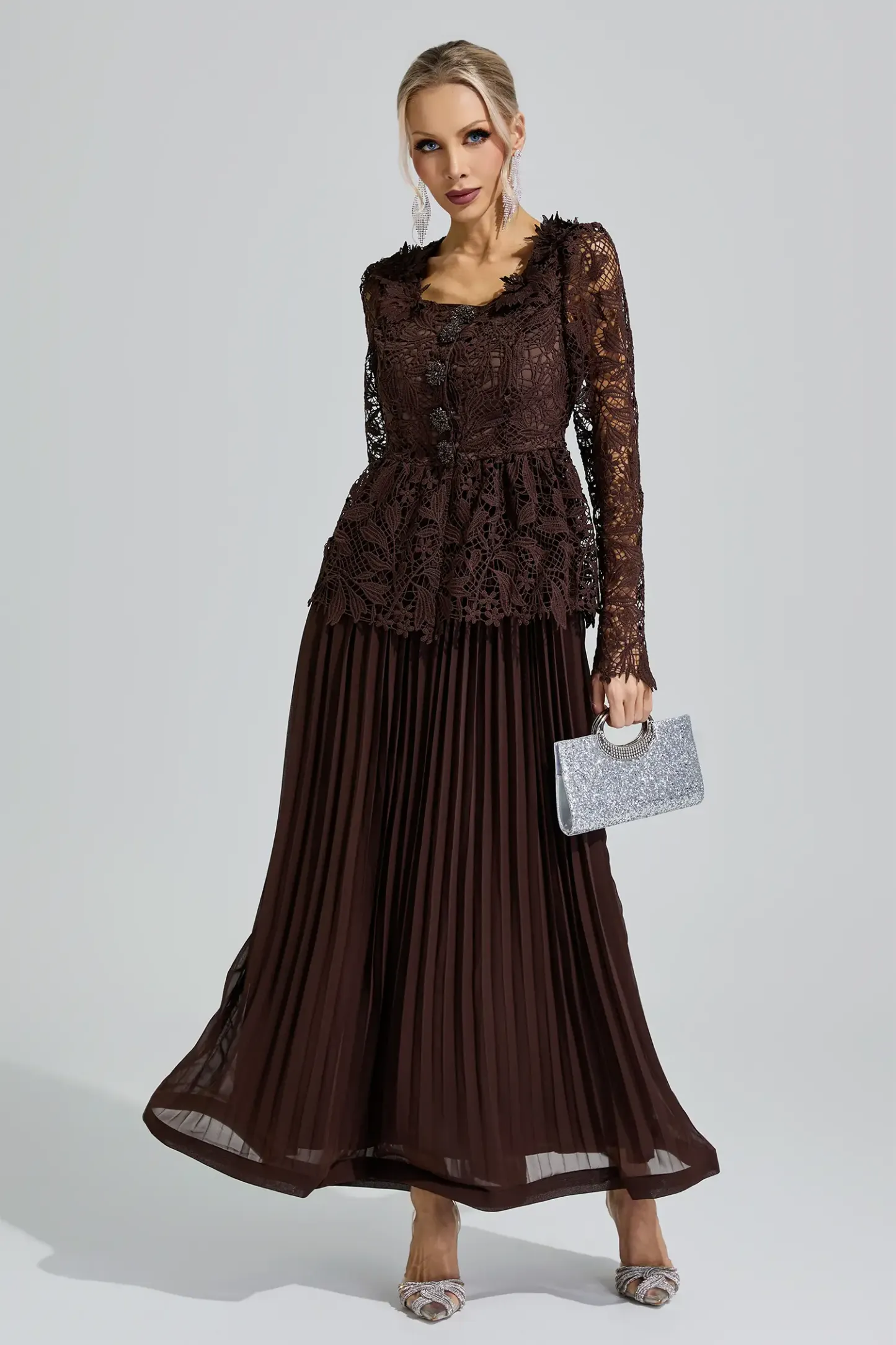 Diana Brown Lace Pleated Set