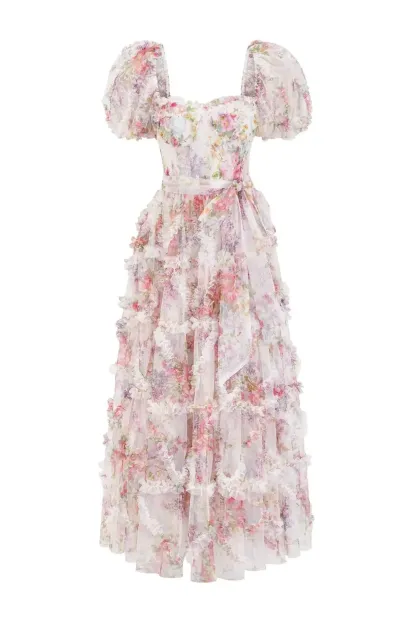 Victor White Bubble Sleeve Maxi Dress