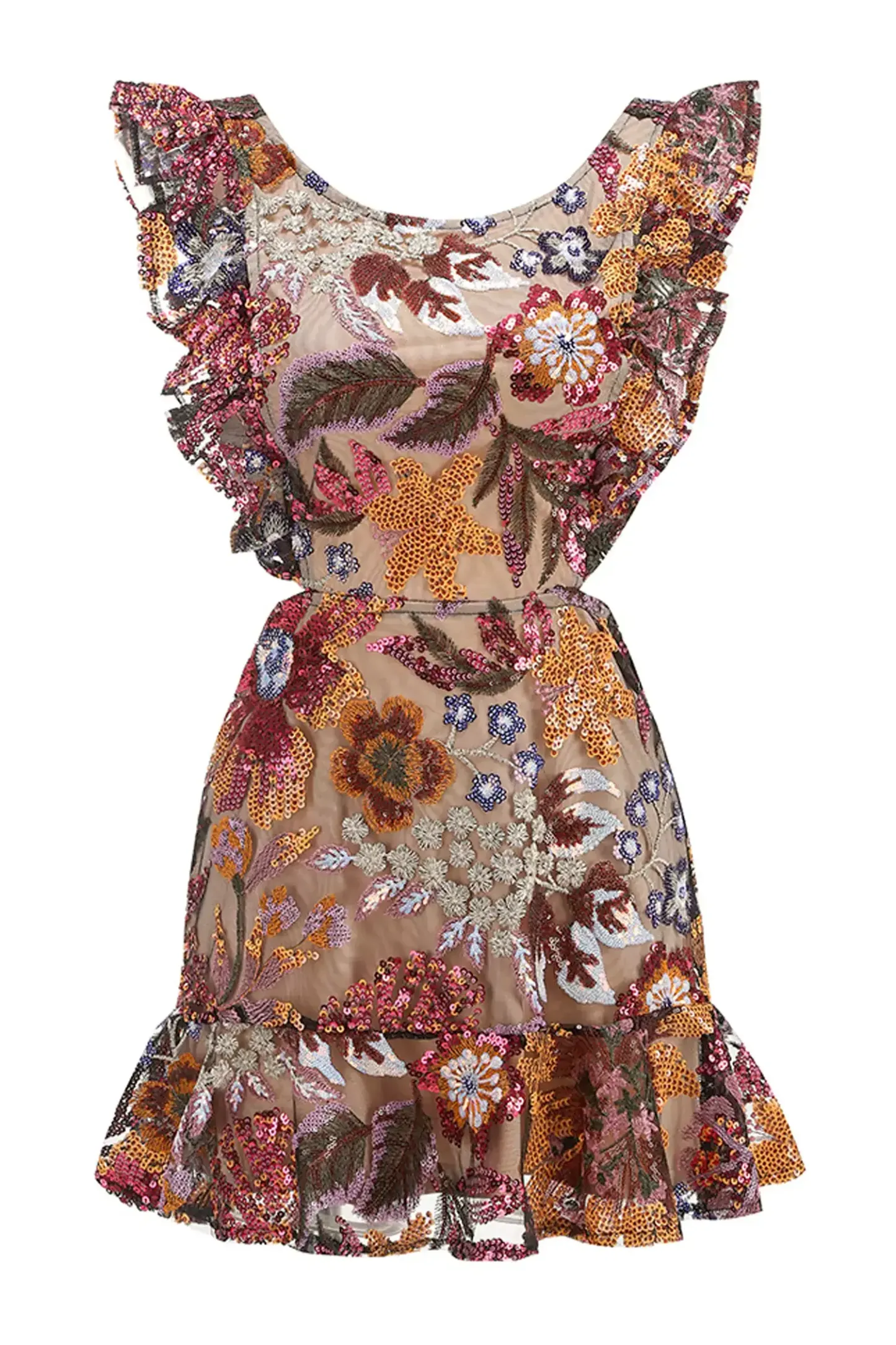 Walsh Brown Ruffle Floral Cutout Mini Dress