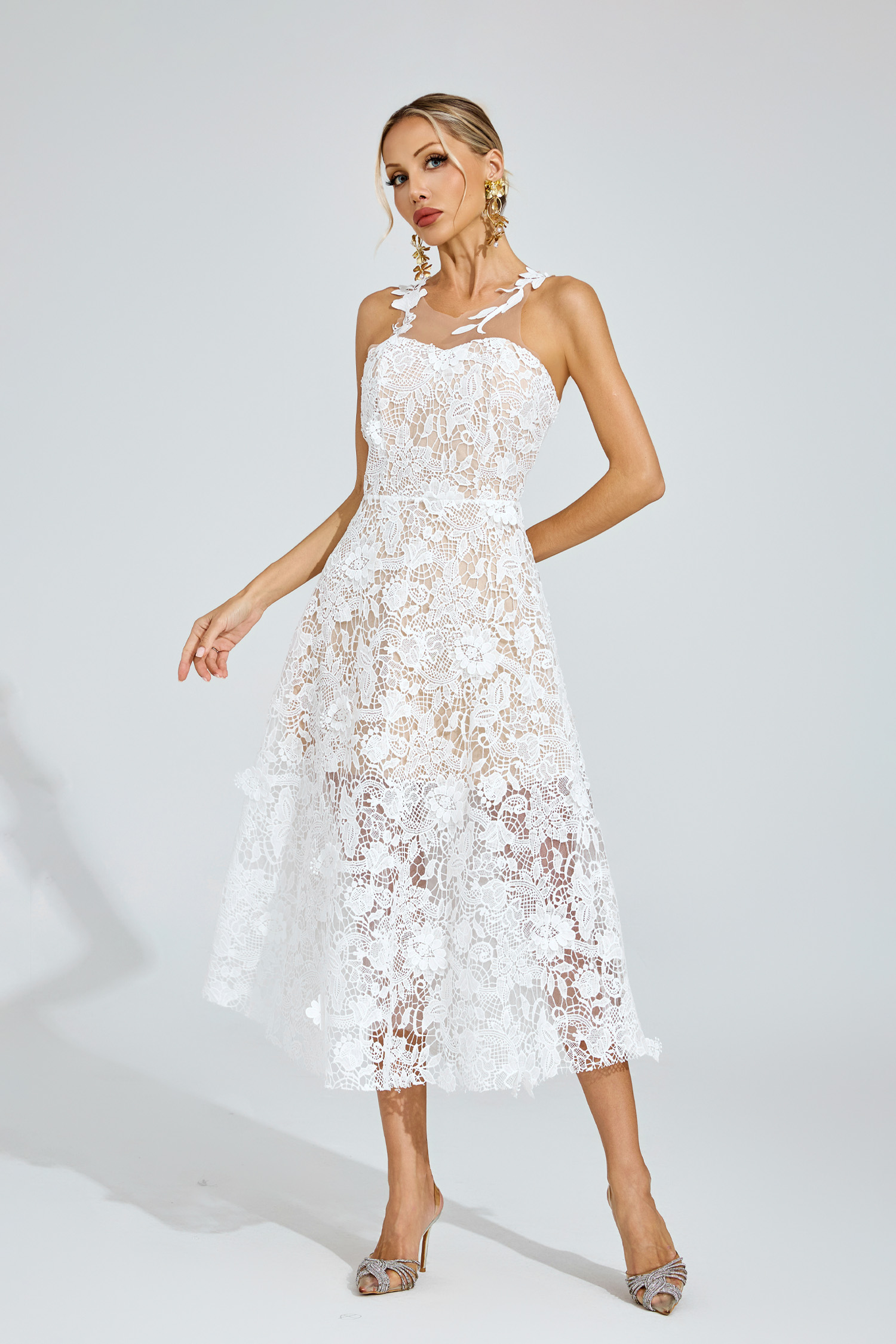 Julius White Lace Illusion Midi Dress
