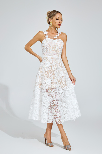 Julius White Lace Illusion Midi Dress