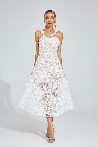 Julius White Lace Illusion Midi Dress