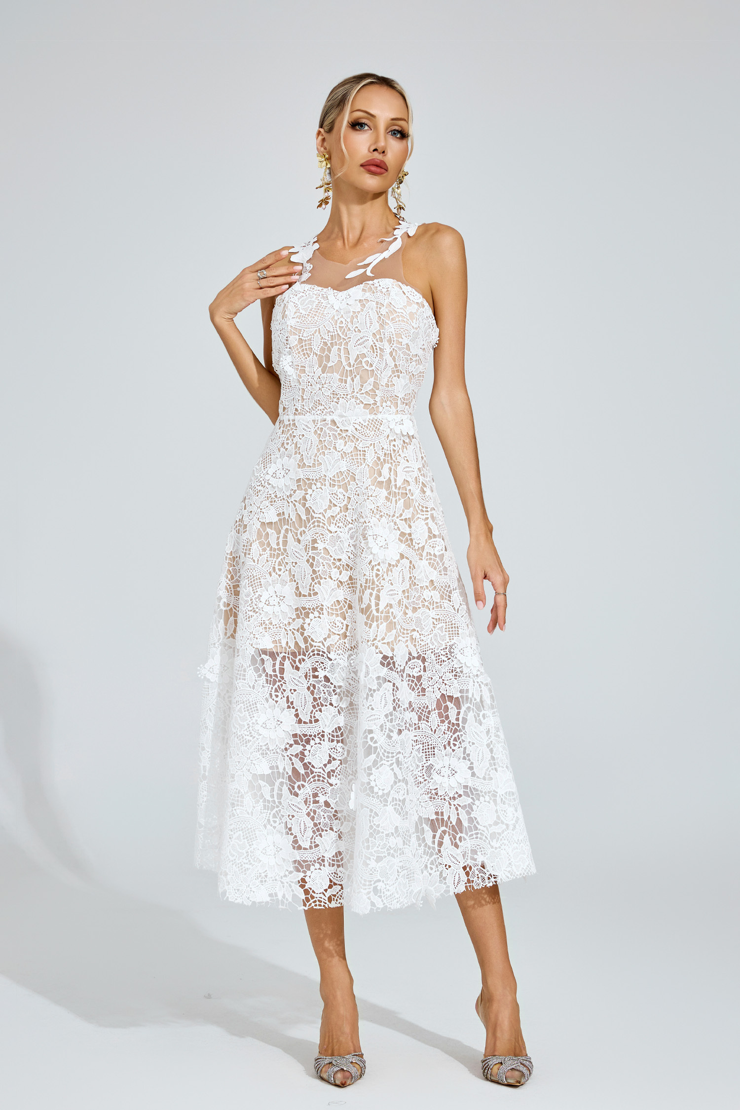 Julius White Lace Illusion Midi Dress