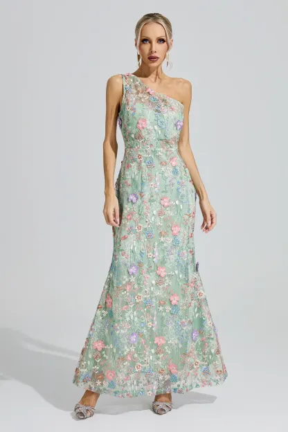 Herzog Green Floral Embroidered Maxi Dress