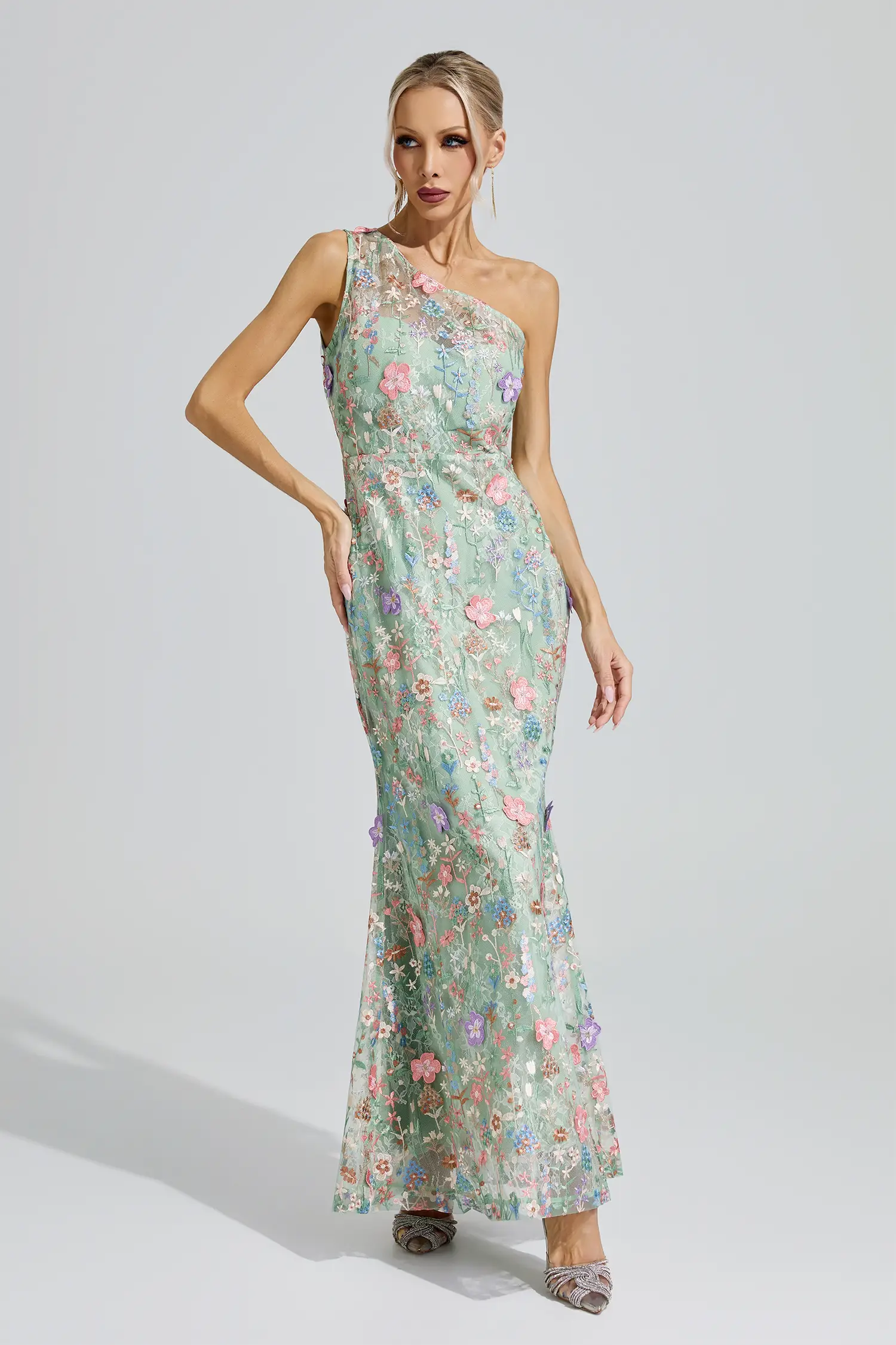 Herzog Green Floral Embroidered Maxi Dress