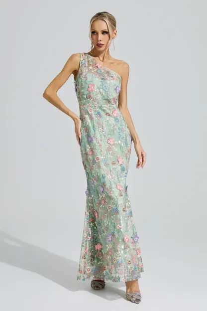 Herzog Green Floral Embroidered Maxi Dress