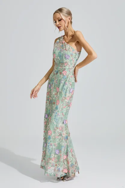 Herzog Green Floral Embroidered Maxi Dress