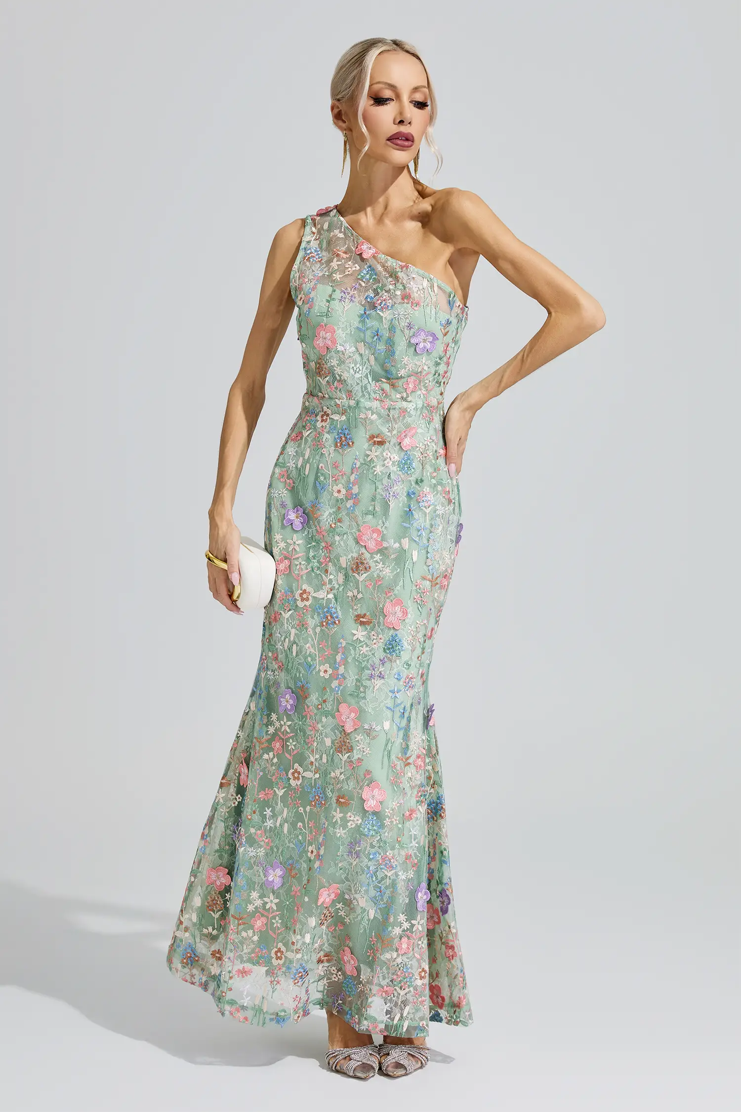 Herzog Green Floral Embroidered Maxi Dress