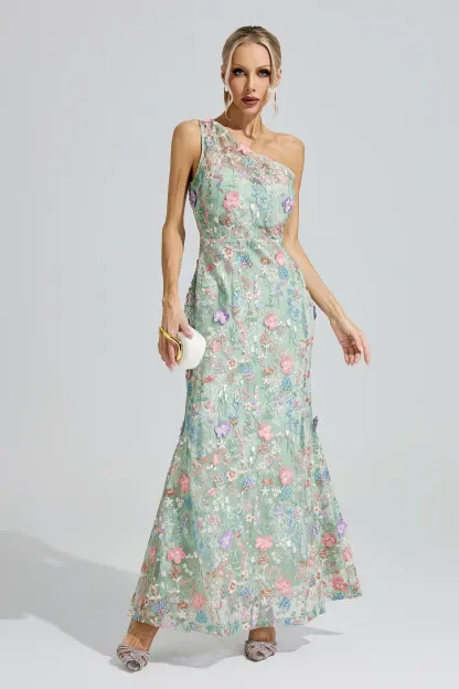 Herzog Green Floral Embroidered Maxi Dress