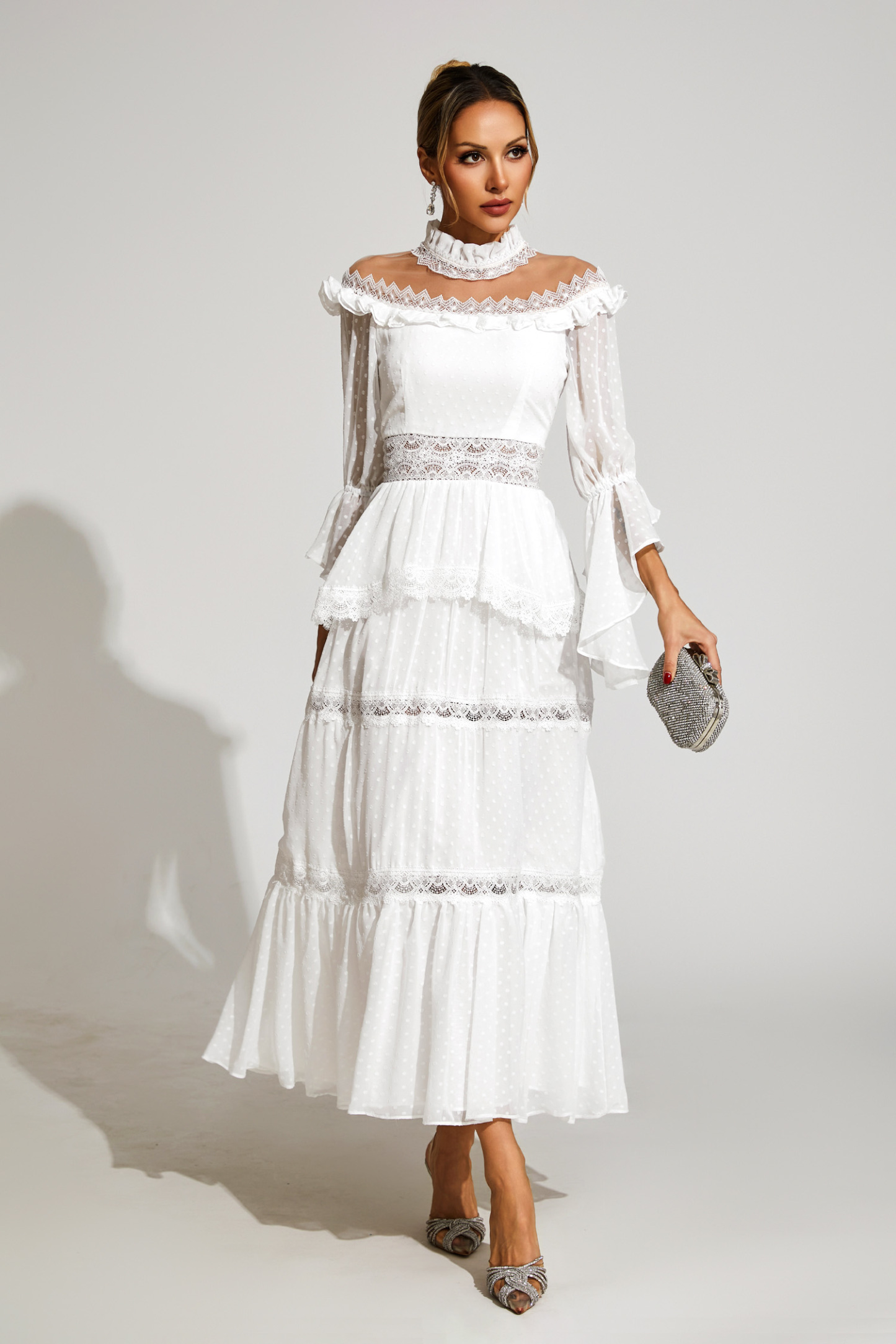 Harvey White Lace Long Sleeve Dress