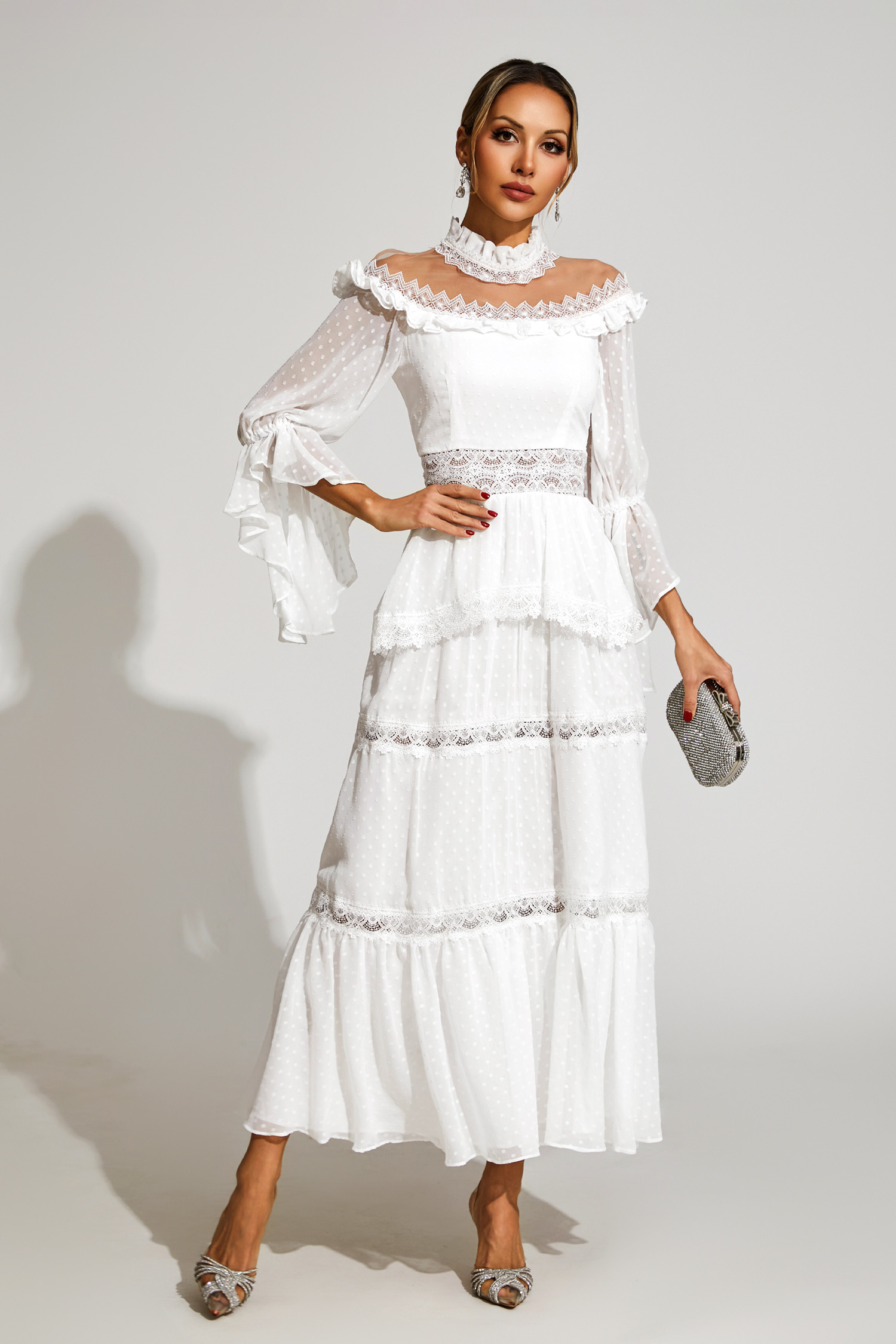 Harvey White Lace Long Sleeve Dress