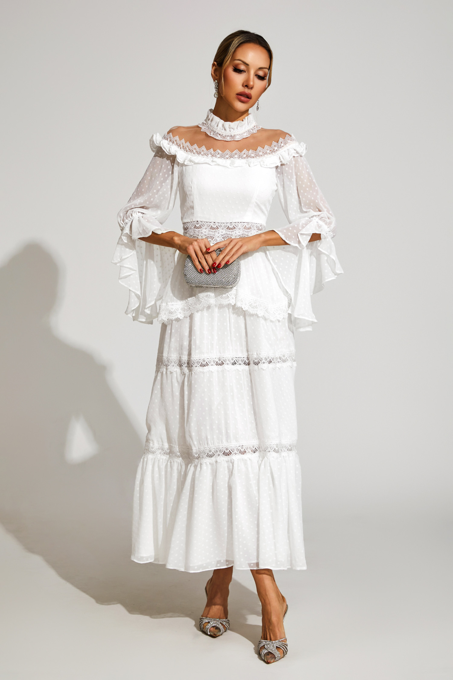 Harvey White Lace Long Sleeve Dress