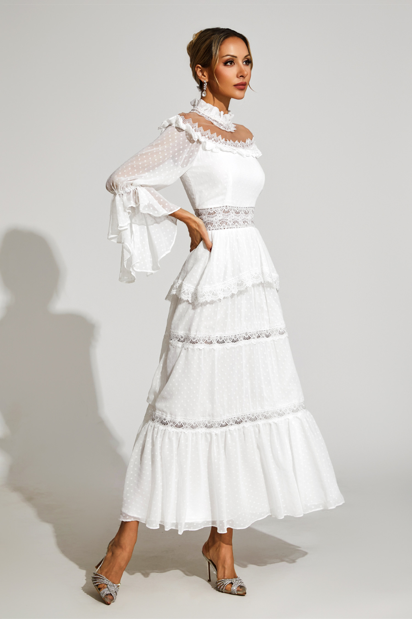Harvey White Lace Long Sleeve Dress