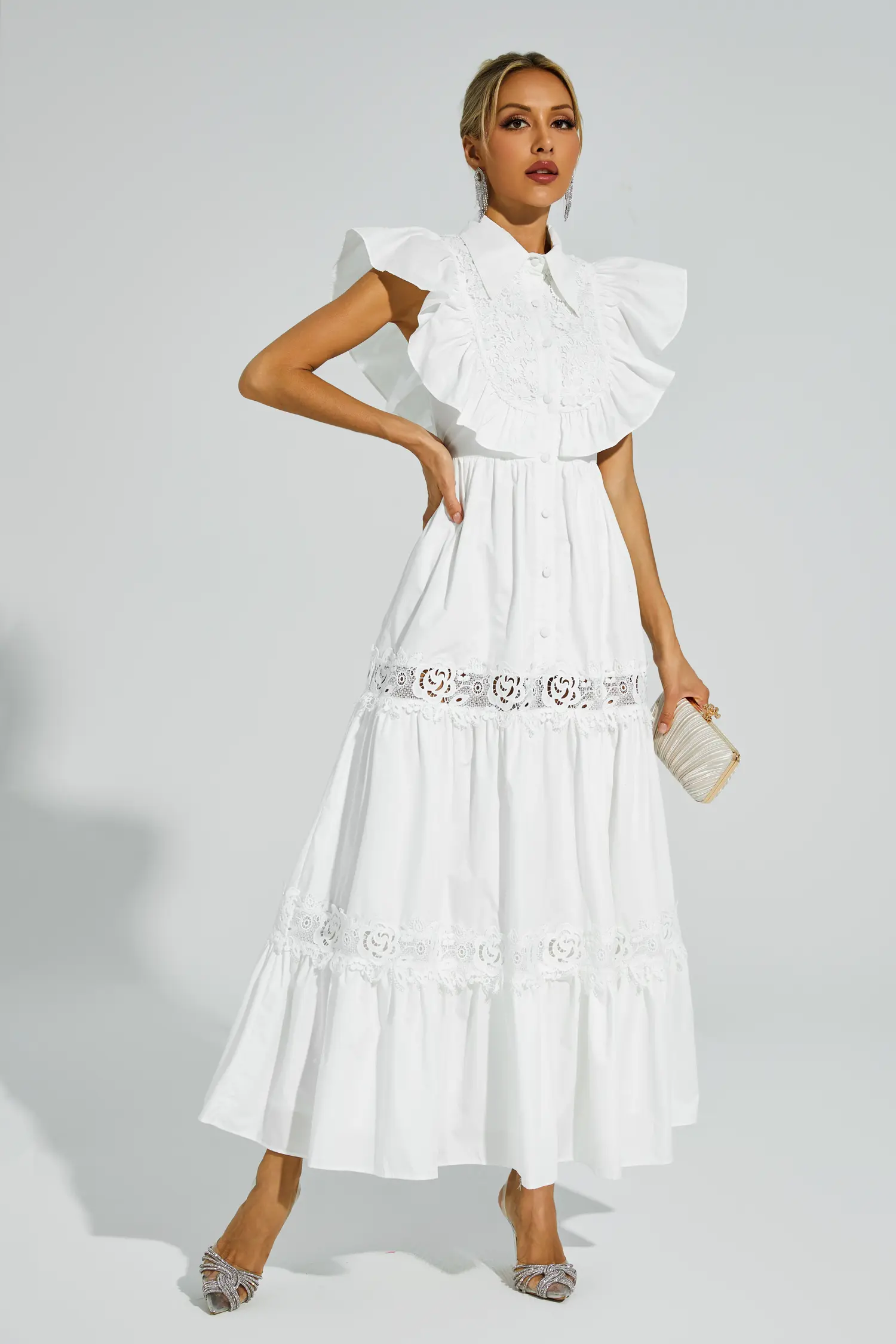 Sharon White Sleeveless Ruffle Midi Dress
