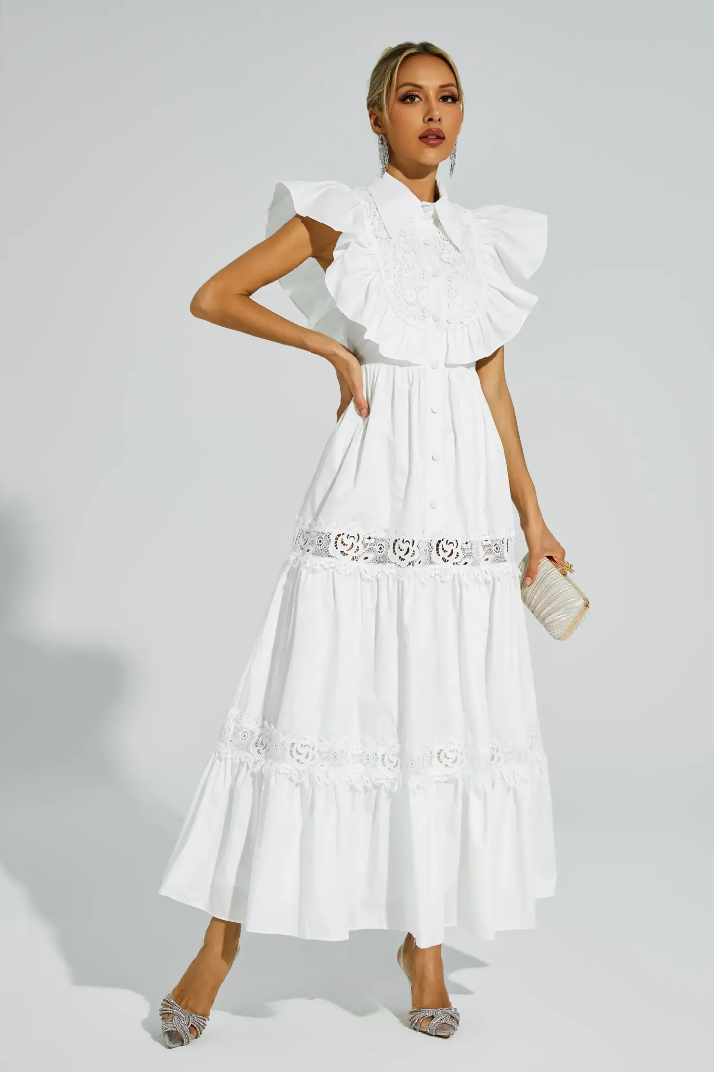 Sharon White Sleeveless Ruffle Midi Dress