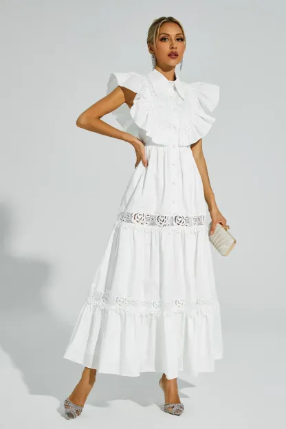 Sharon White Sleeveless Ruffle Midi Dress