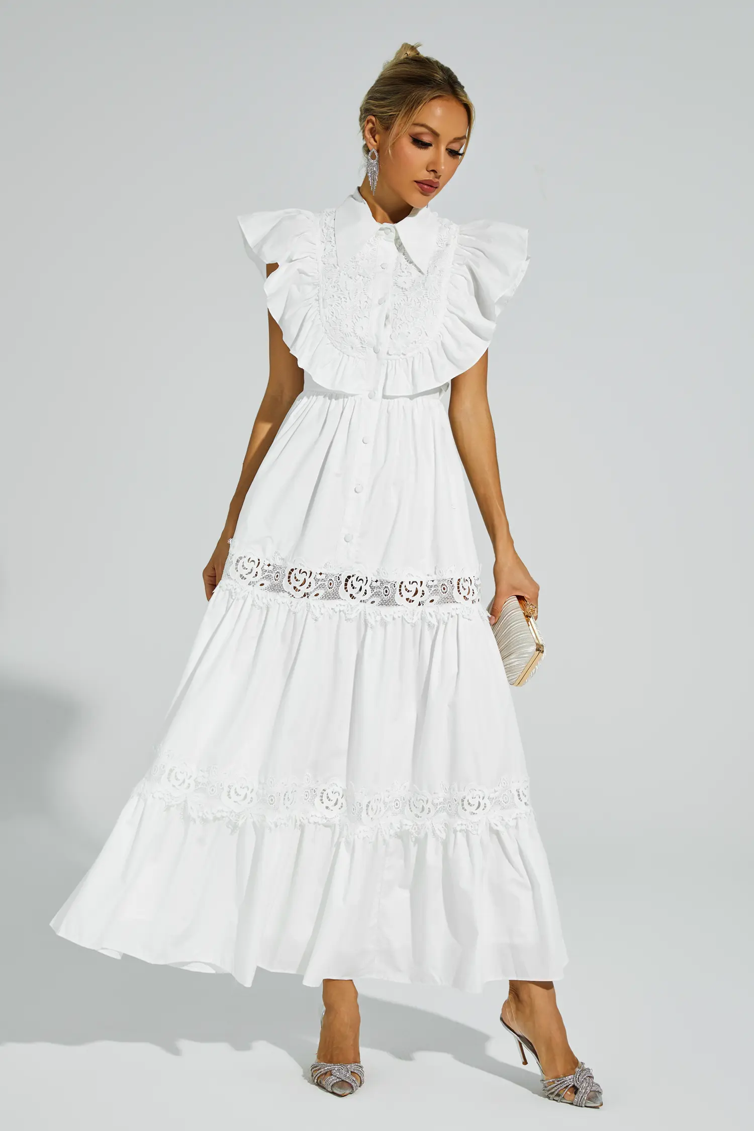 Sharon White Sleeveless Ruffle Midi Dress