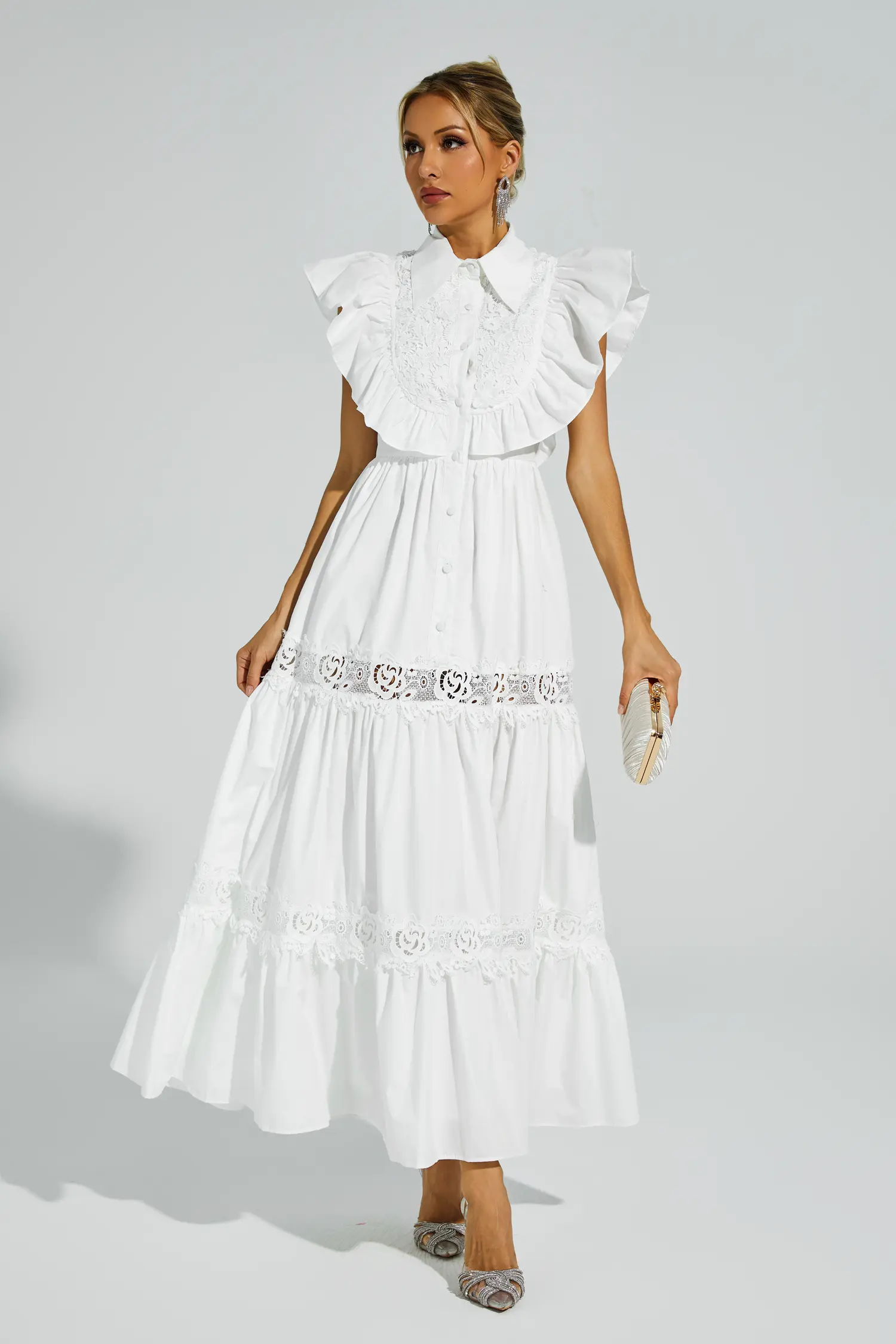 Sharon White Sleeveless Ruffle Midi Dress