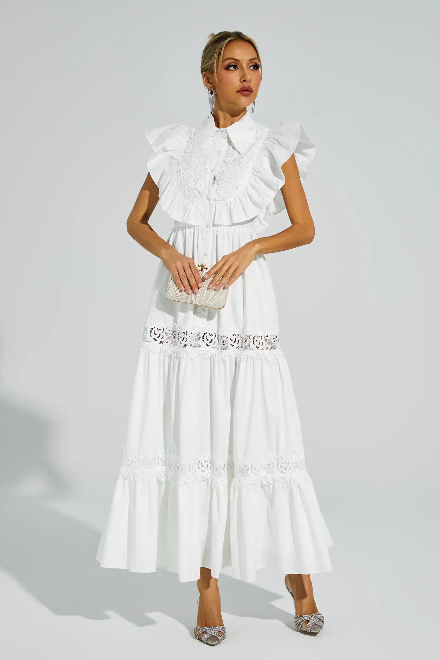 Sharon White Sleeveless Ruffle Midi Dress