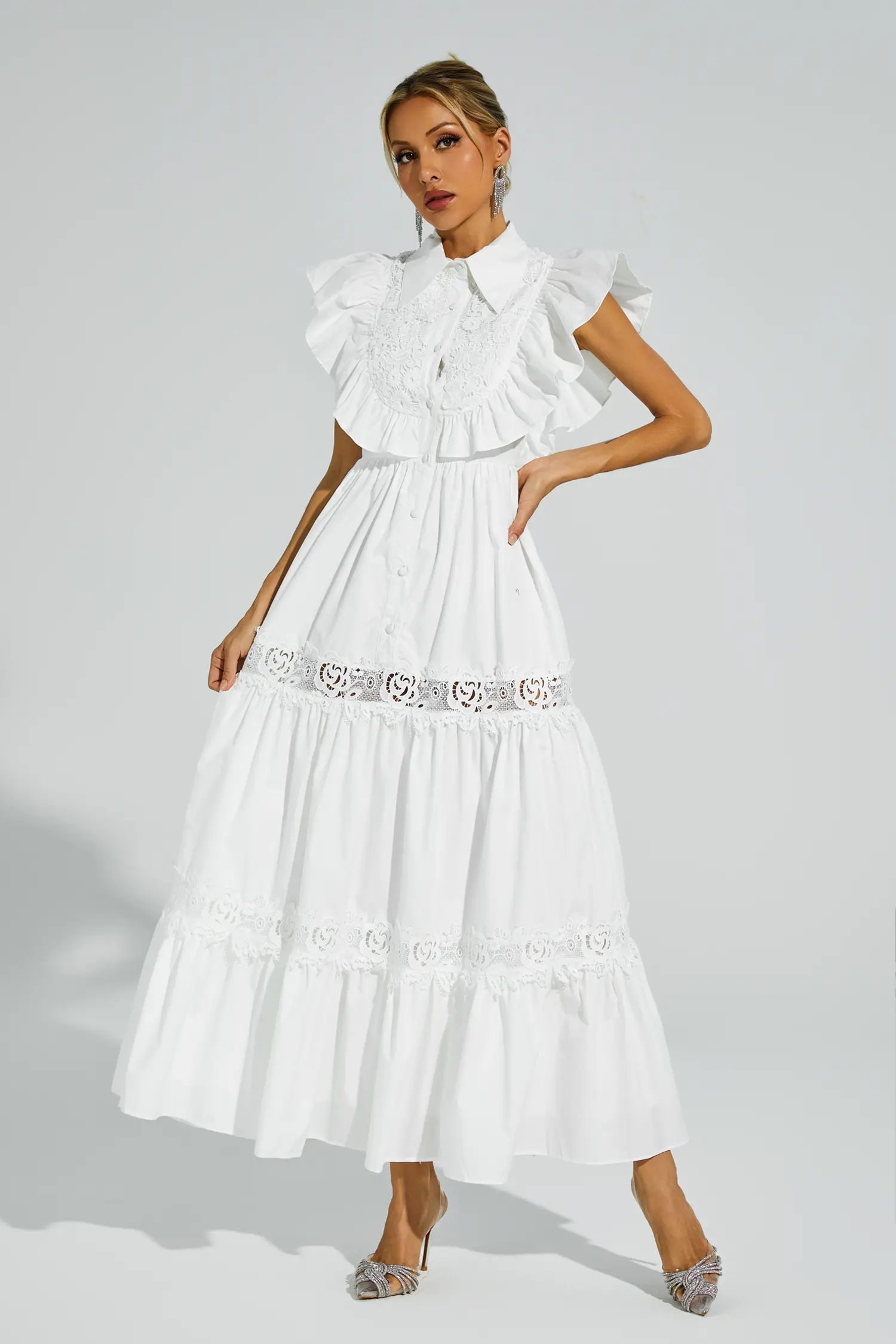 Sharon White Sleeveless Ruffle Midi Dress