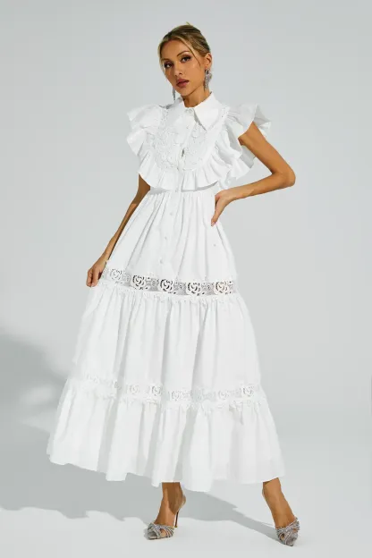 Sharon White Sleeveless Ruffle Midi Dress