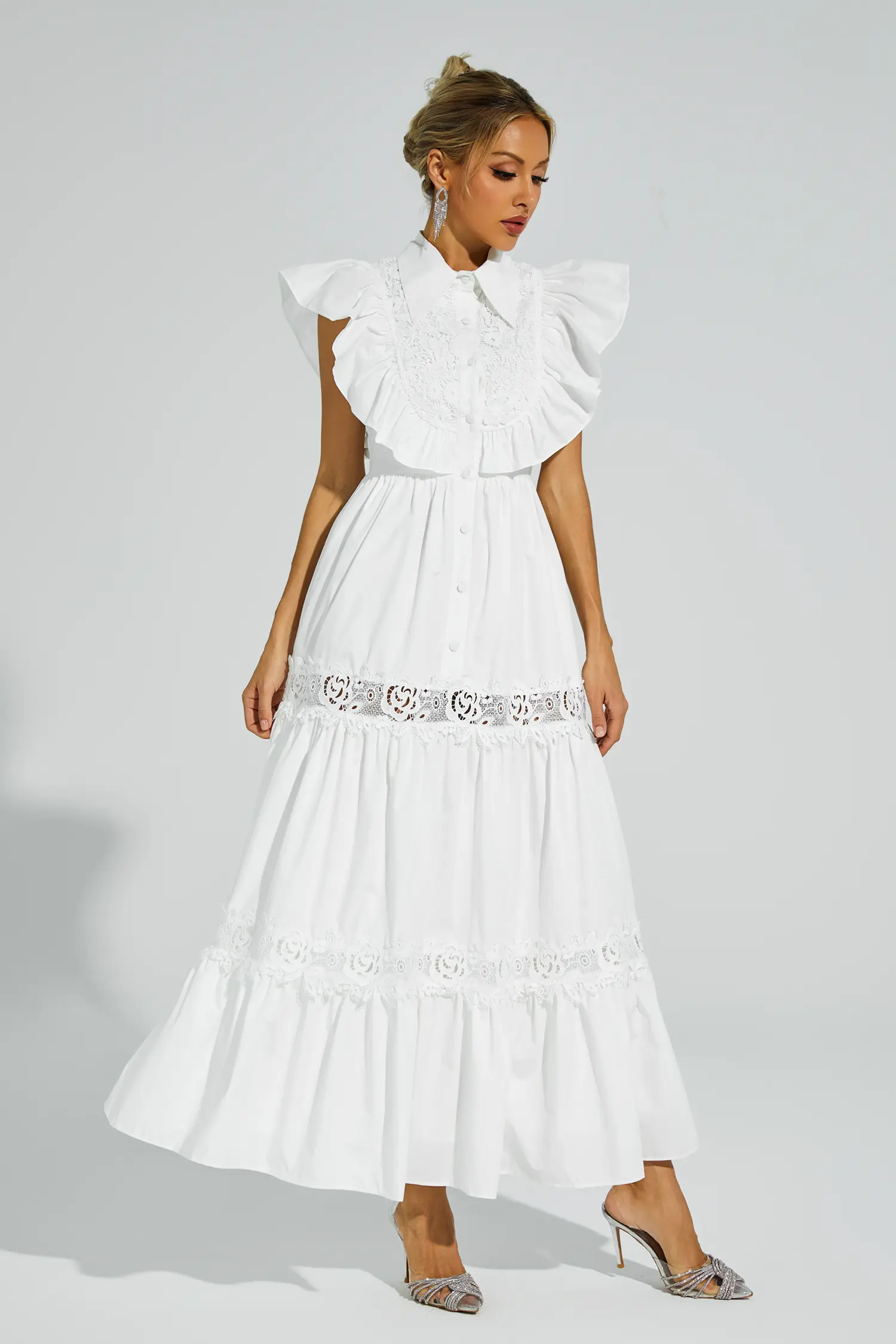 Sharon White Sleeveless Ruffle Midi Dress