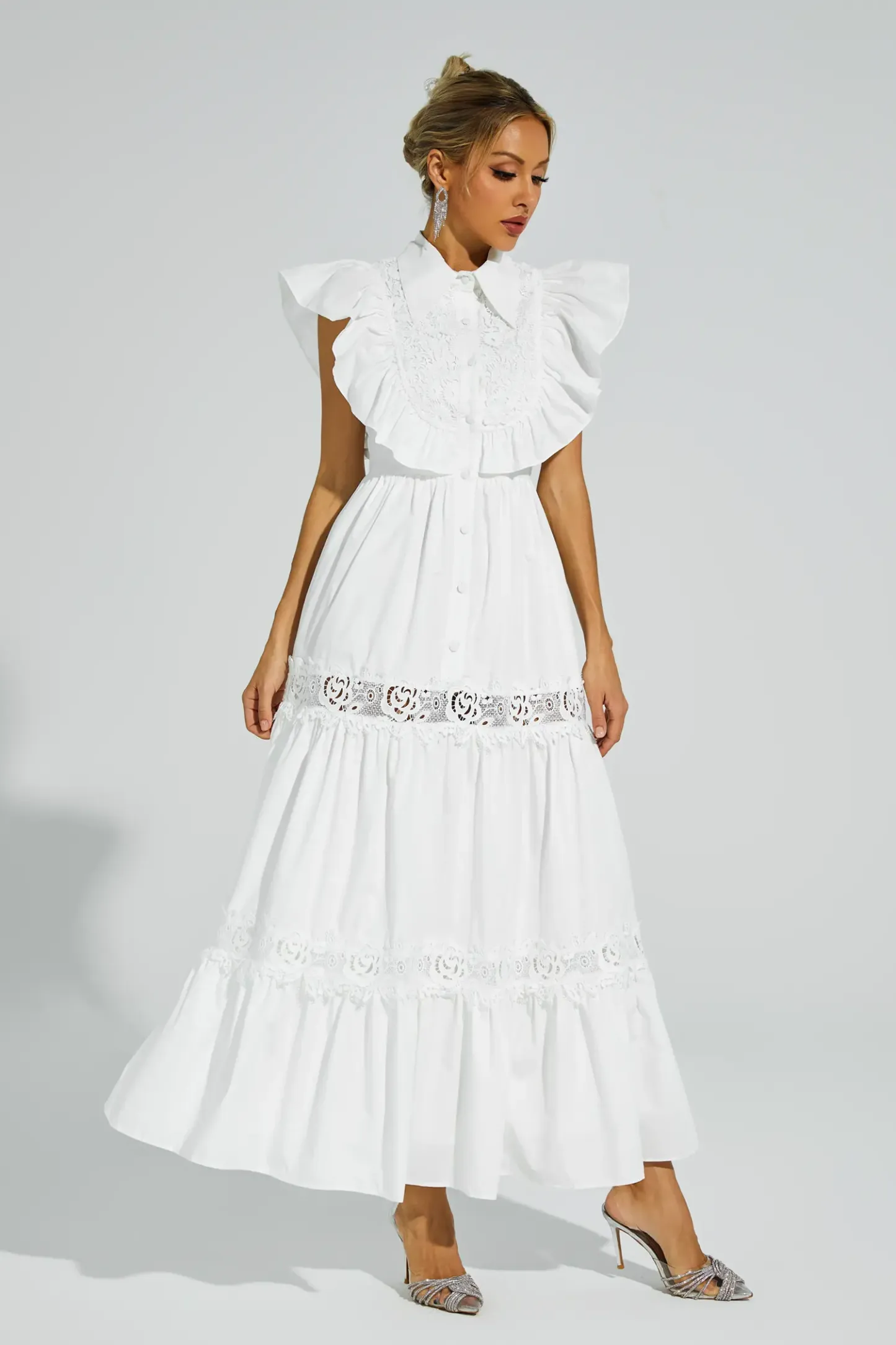 Sharon White Sleeveless Ruffle Midi Dress