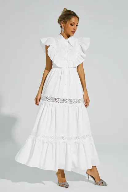 Sharon White Sleeveless Ruffle Midi Dress