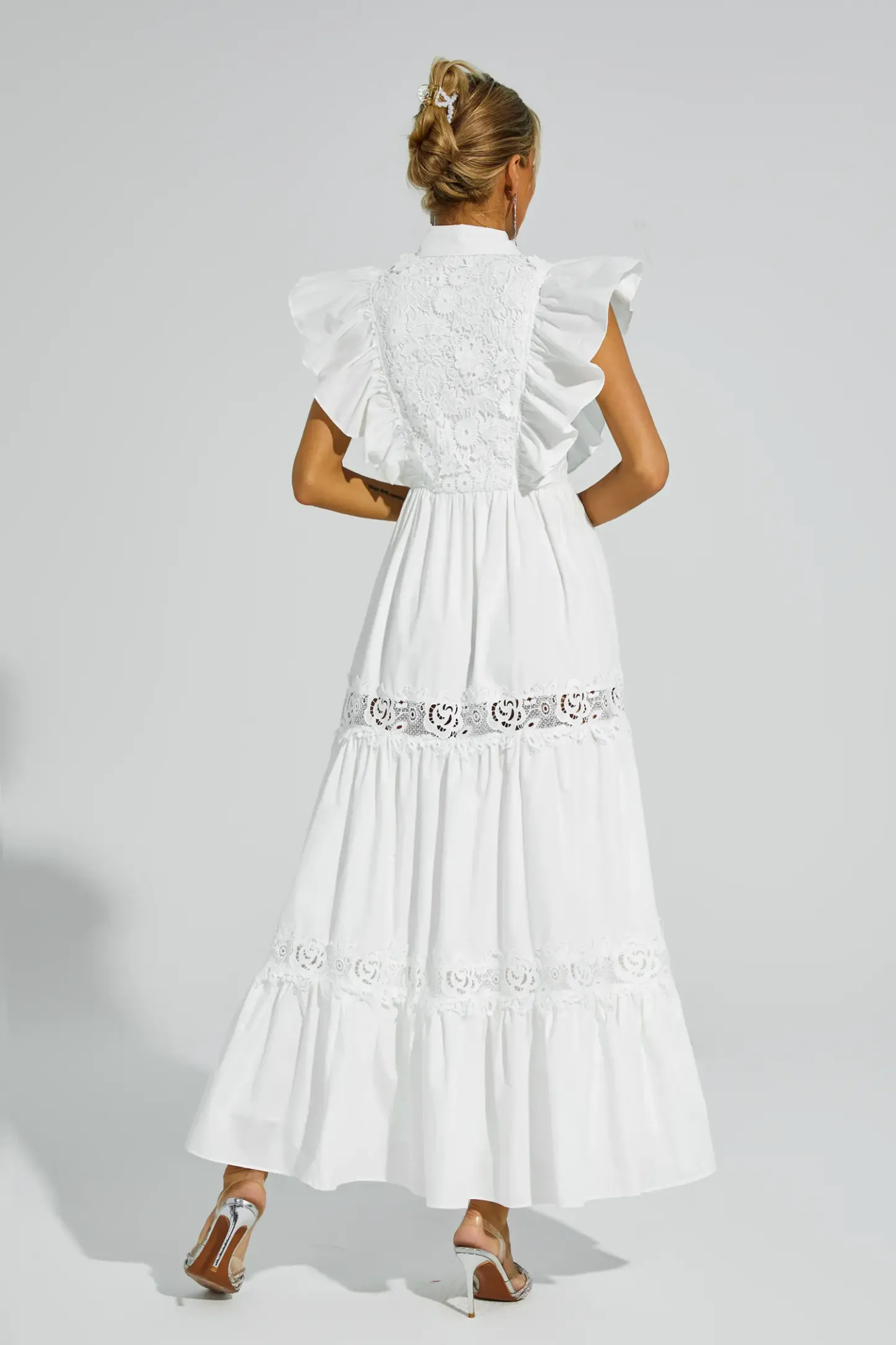 Sharon White Sleeveless Ruffle Midi Dress