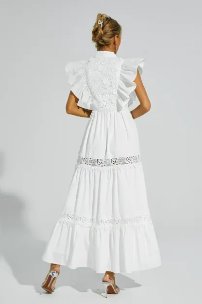 Sharon White Sleeveless Ruffle Midi Dress