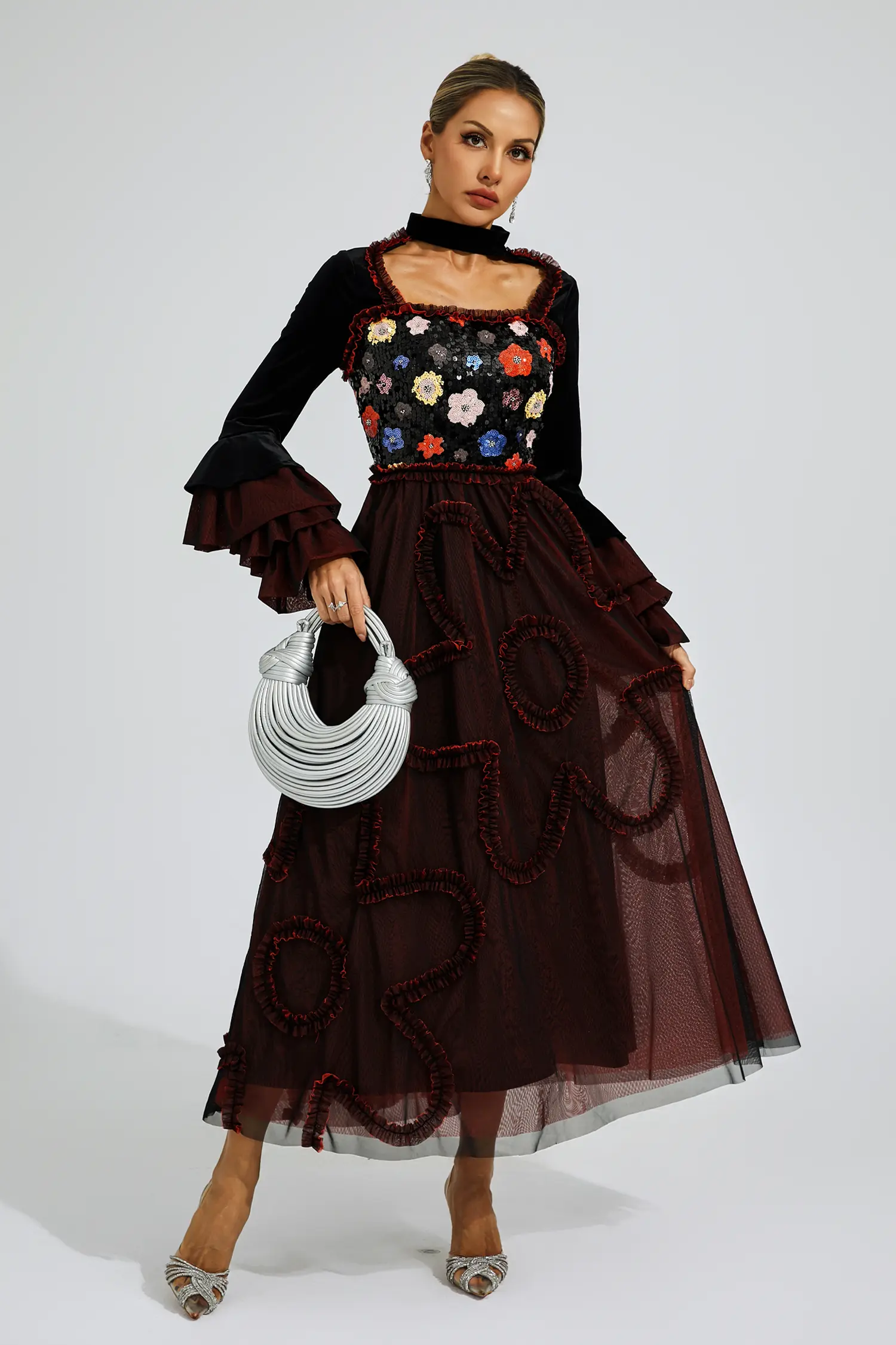 Belle Red Mesh Sequins Midi Dress