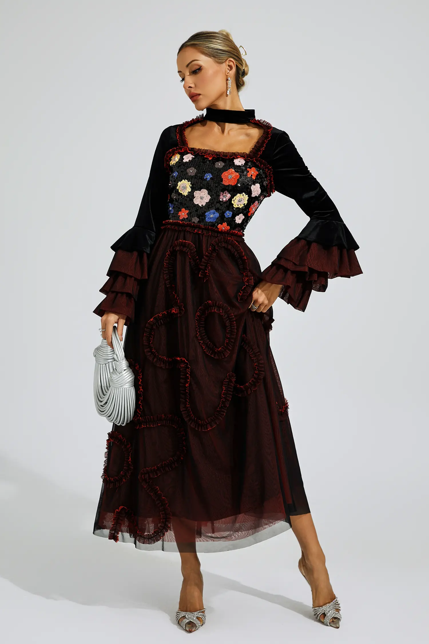 Belle Red Mesh Sequins Midi Dress