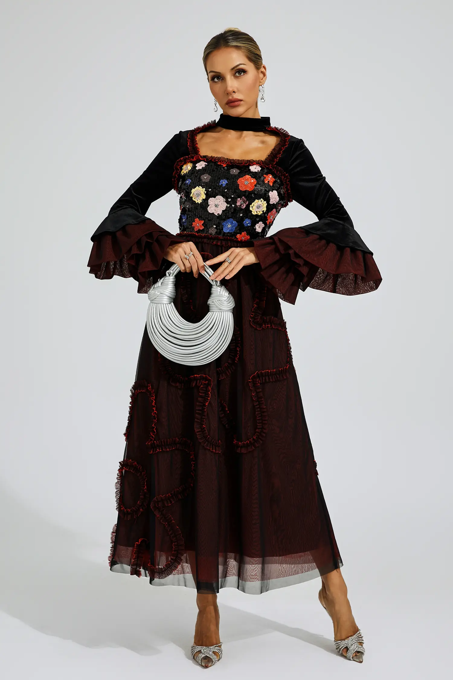Belle Red Mesh Sequins Midi Dress